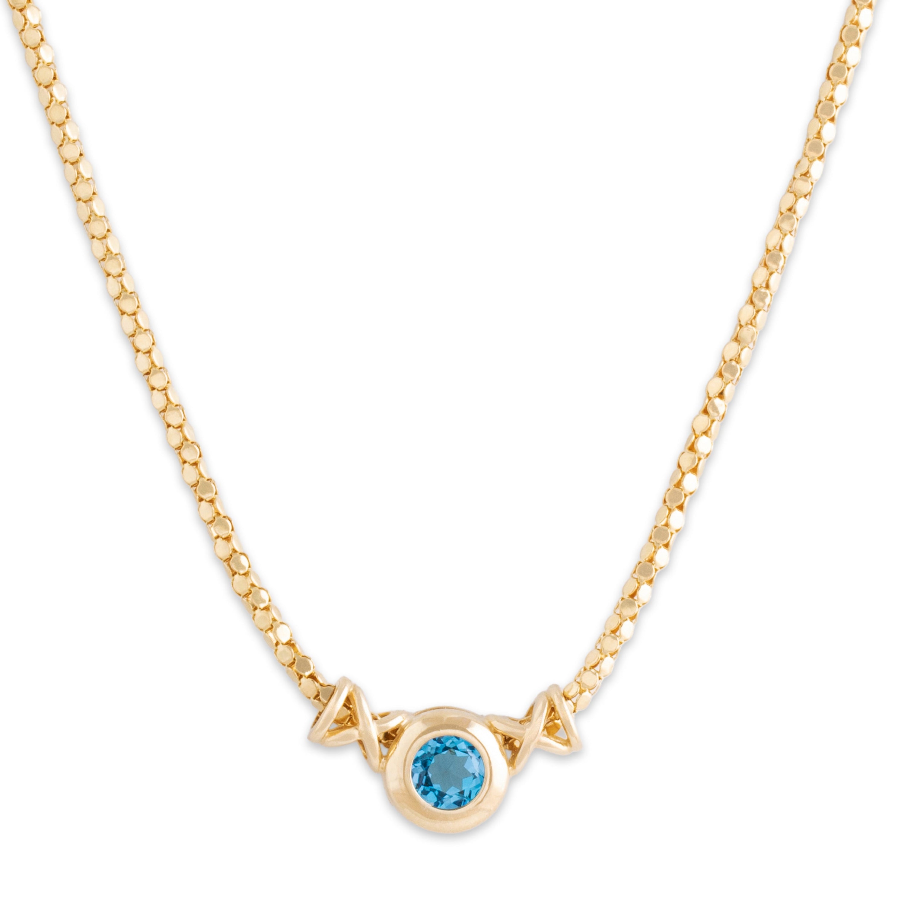 Vintage 14k Yellow Gold Blue Topaz Rounded Box Chain Necklace - Close-up view