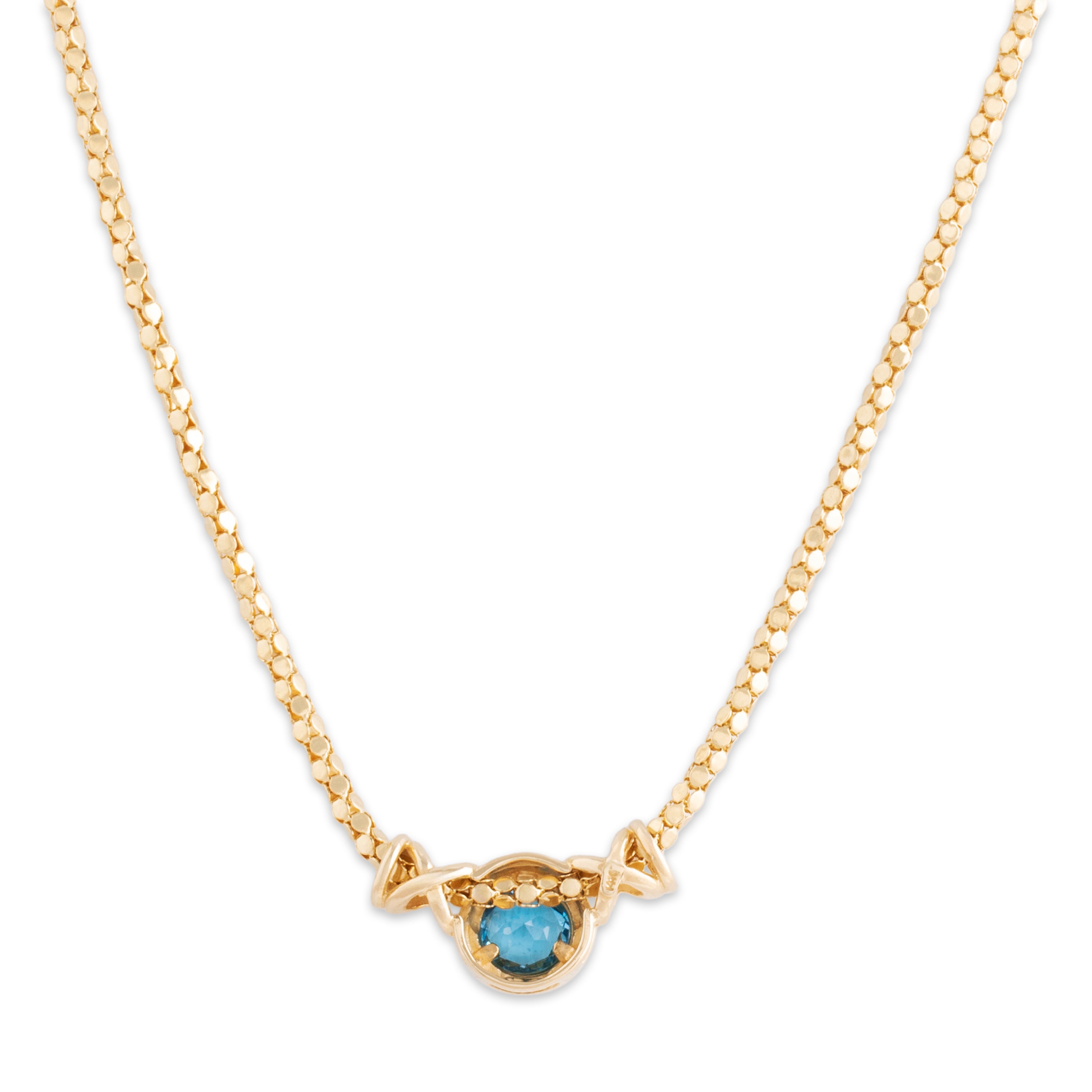 Vintage 14k Yellow Gold Blue Topaz Rounded Box Chain Necklace - Back view