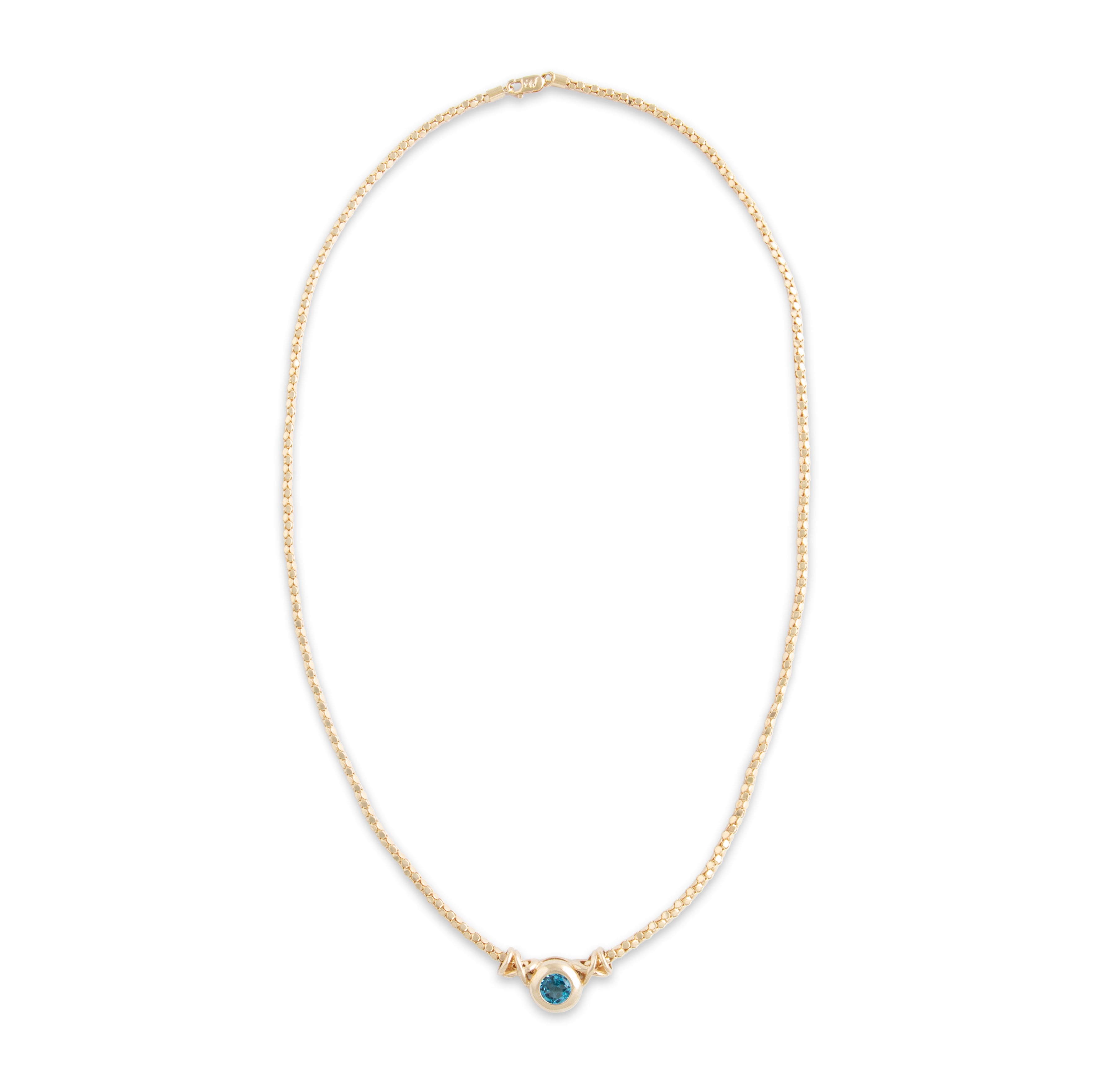 Vintage 14k Yellow Gold Blue Topaz Rounded Box Chain Necklace - Overall view