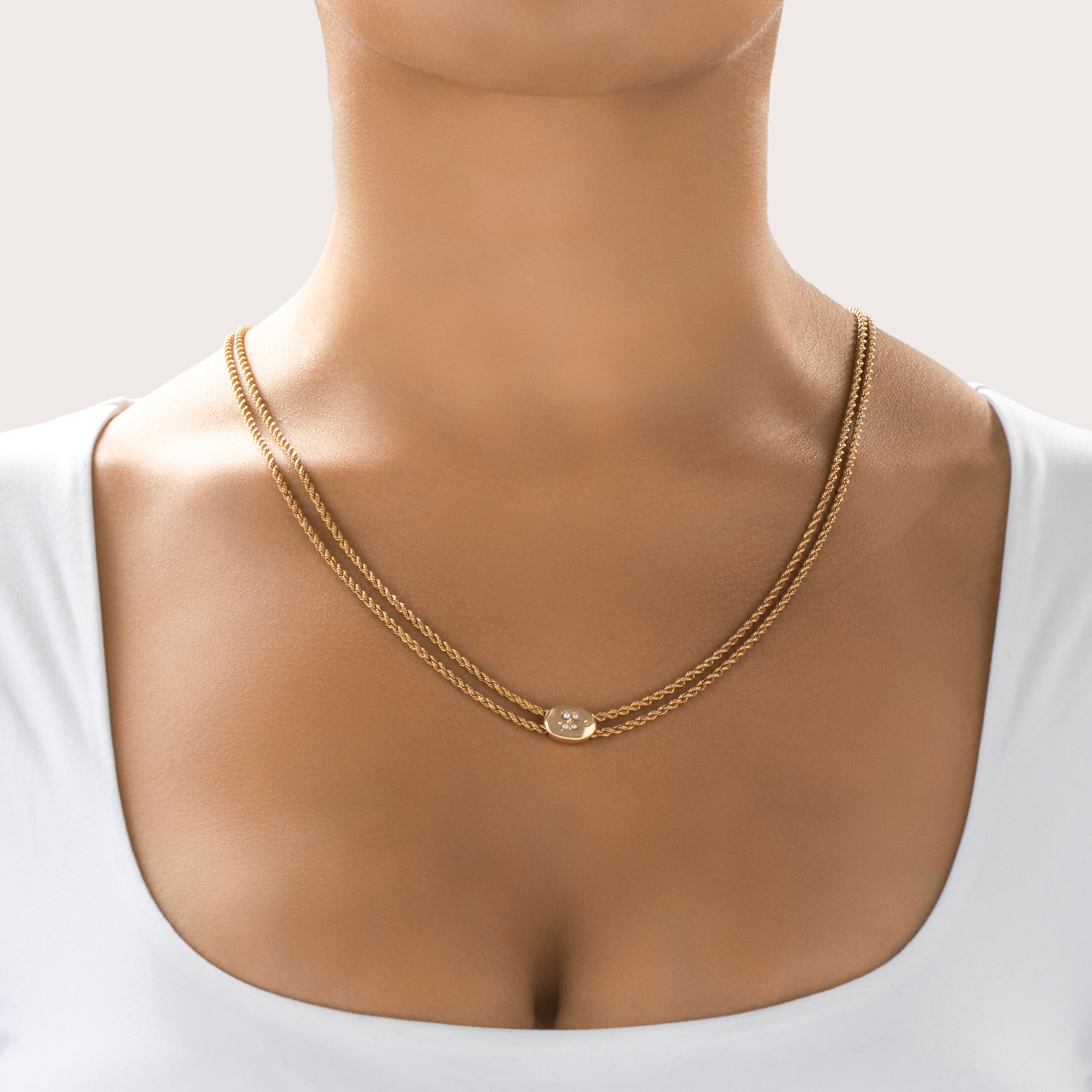 Antique Victorian 10k Yellow Gold Seed Pearl Clover Lorgnette Chain Necklace - On model view