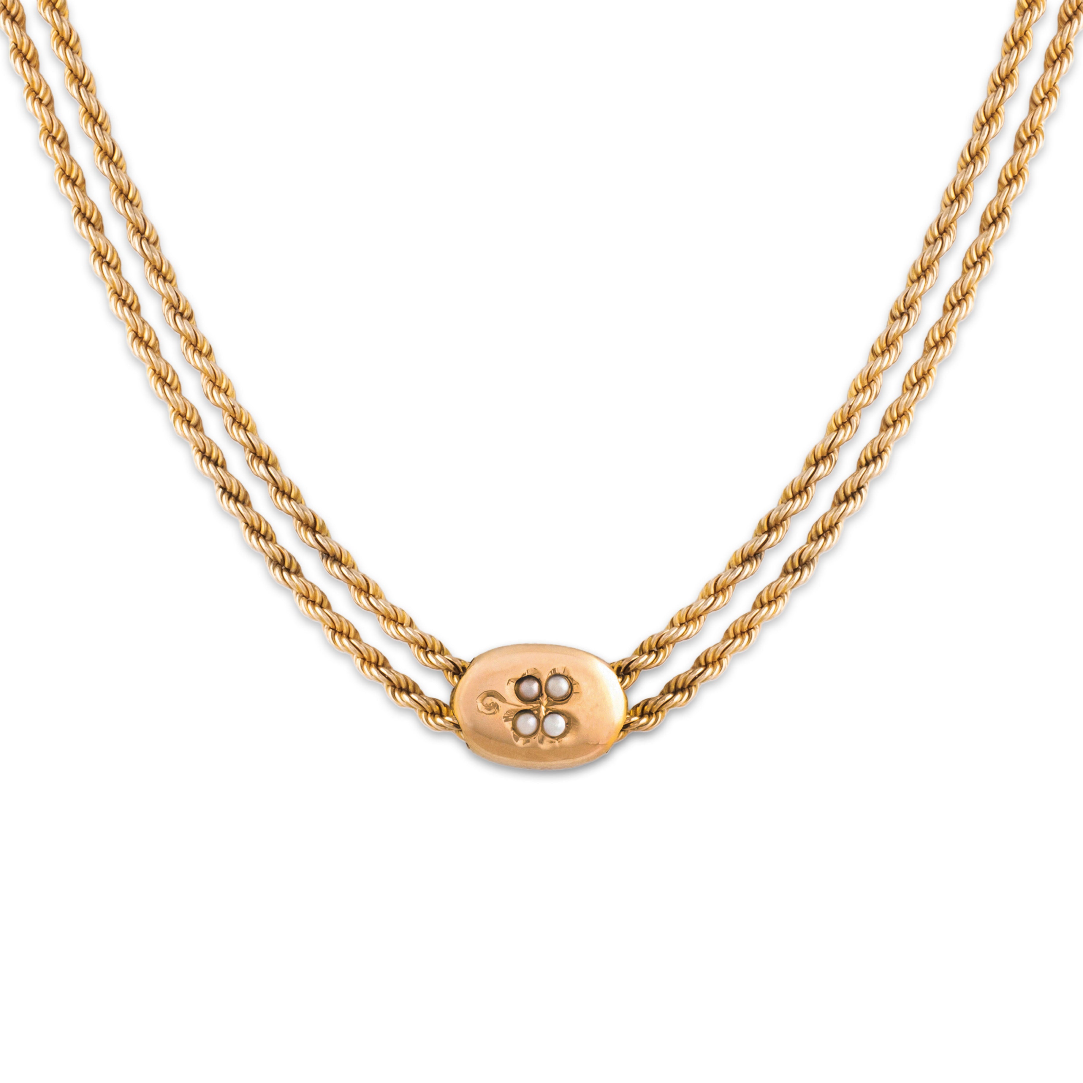 Antique Victorian 10k Yellow Gold Seed Pearl Clover Lorgnette Chain Necklace 24