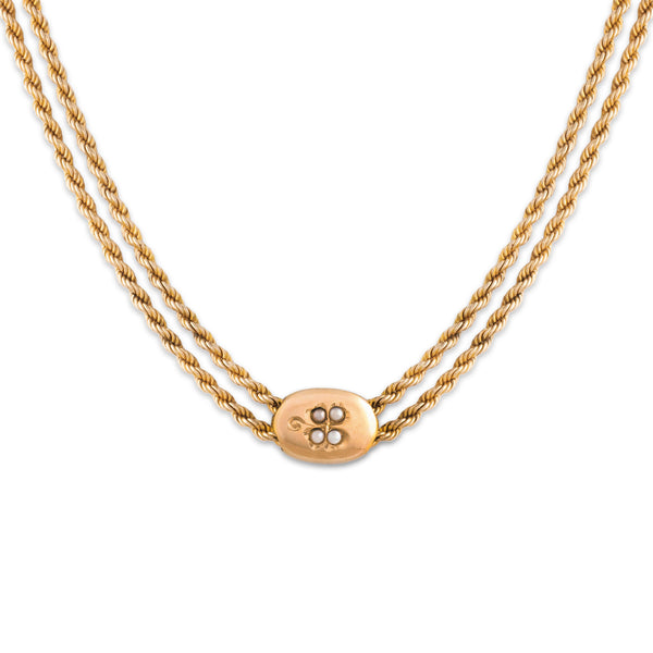 Antique Victorian 10k Yellow Gold Seed Pearl Clover Lorgnette Chain Necklace 24