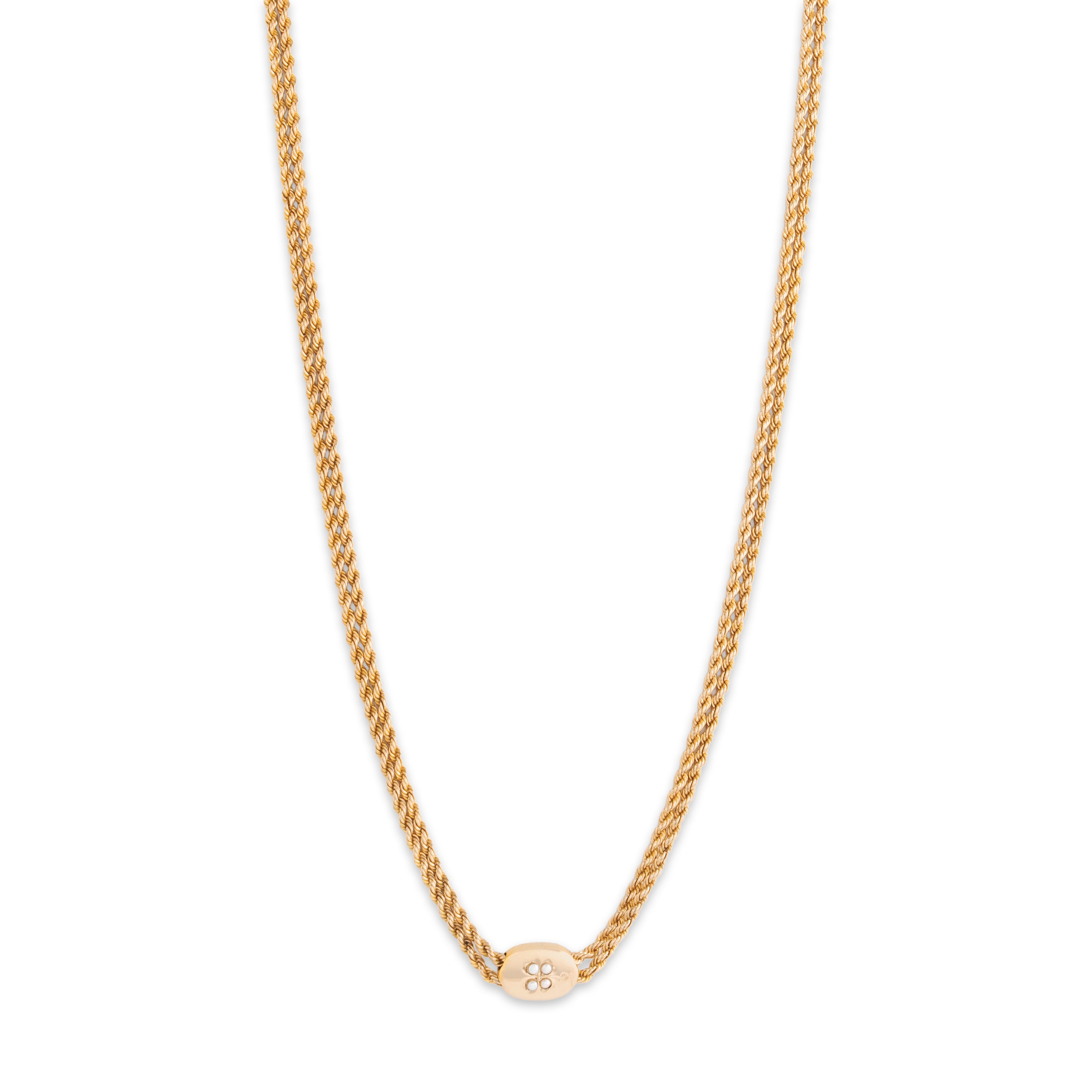 Antique Victorian 10k Yellow Gold Seed Pearl Clover Lorgnette Chain Necklace 24