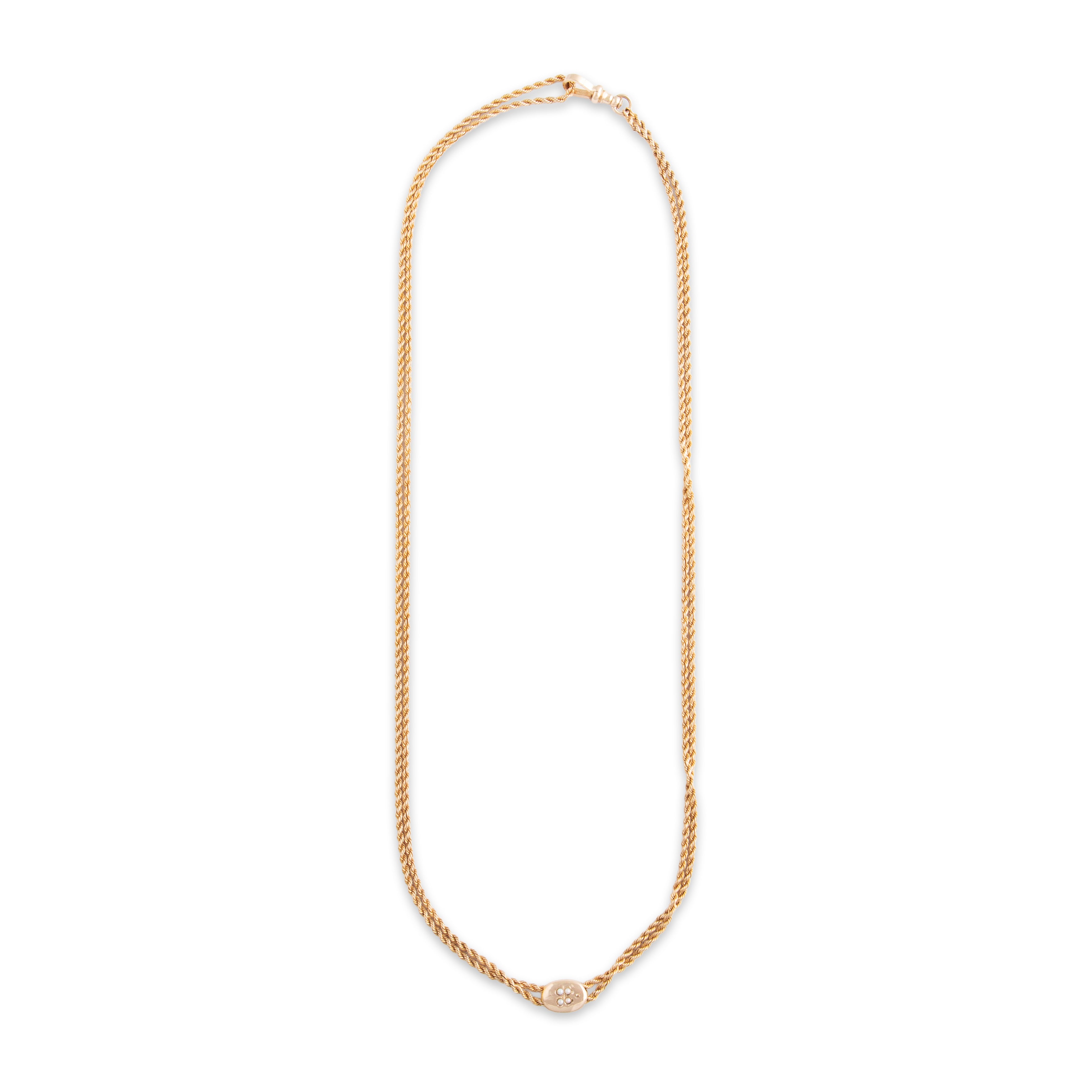 Antique Victorian 10k Yellow Gold Seed Pearl Clover Lorgnette Chain Necklace - Overall view