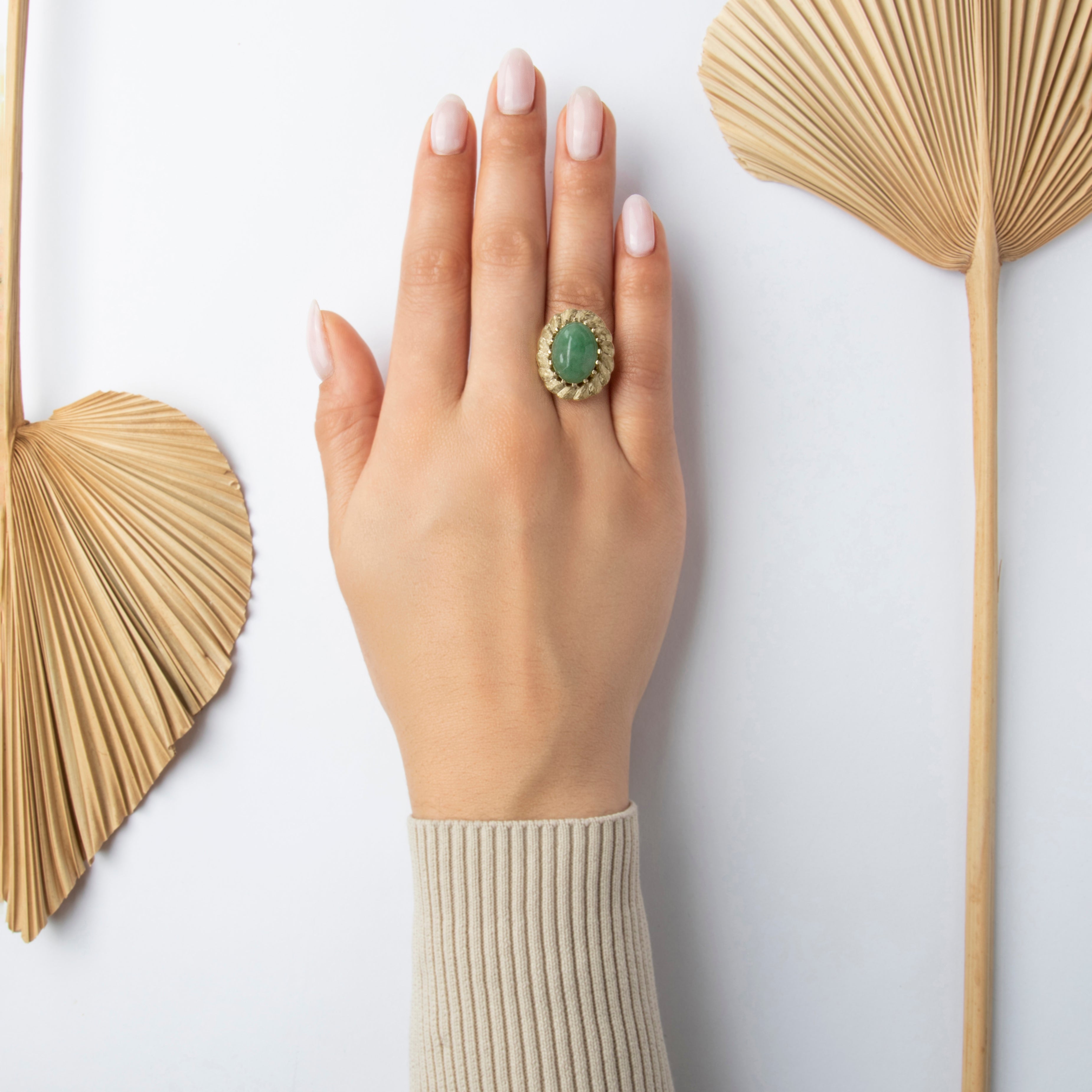 Vintage Large 14k Yellow Gold 6.8ct Jade Chic Textured Cocktail Ring - On model view