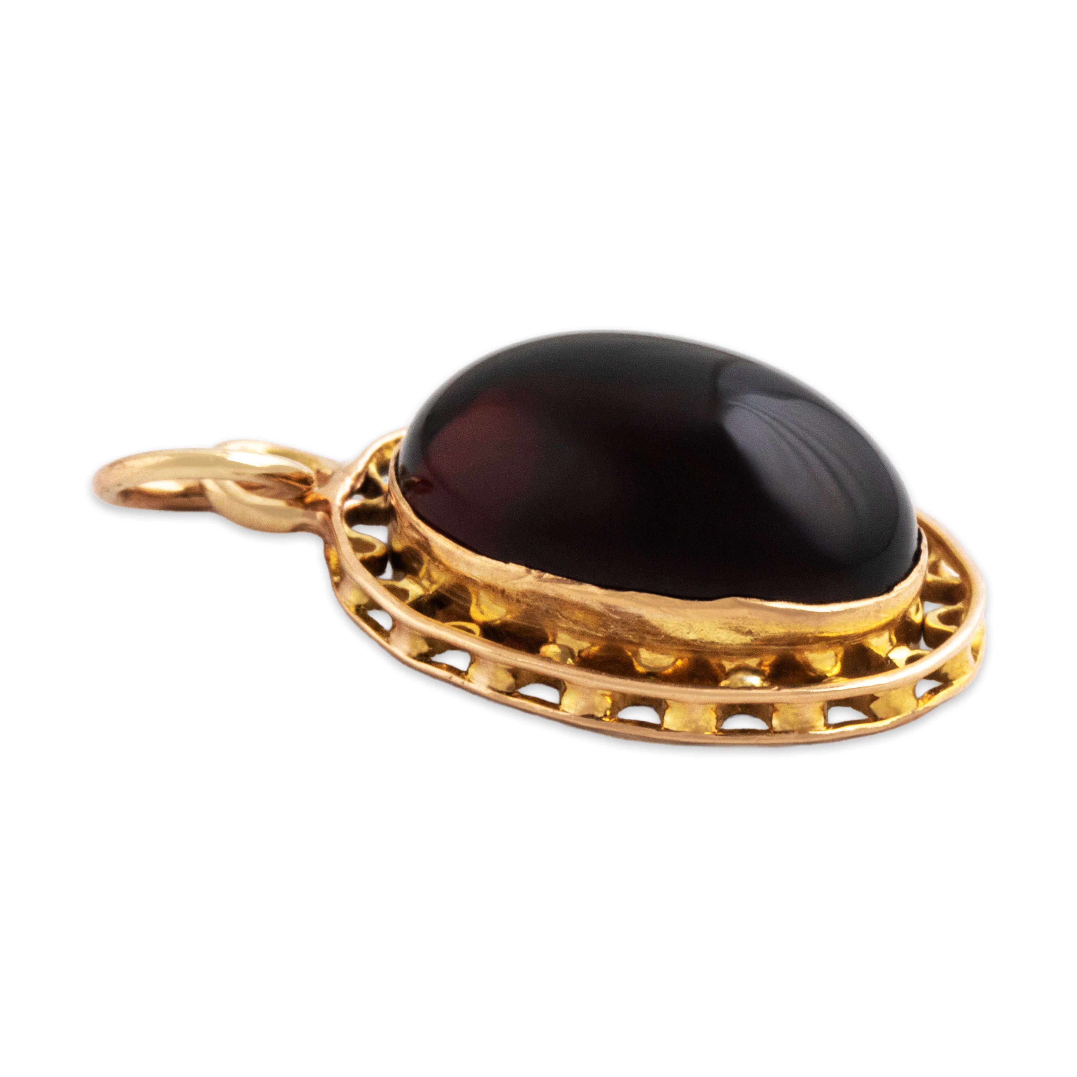 Antique 14k Yellow Gold Maroon Glass Wavy Border Cabochon Charm / Pendant - Side view