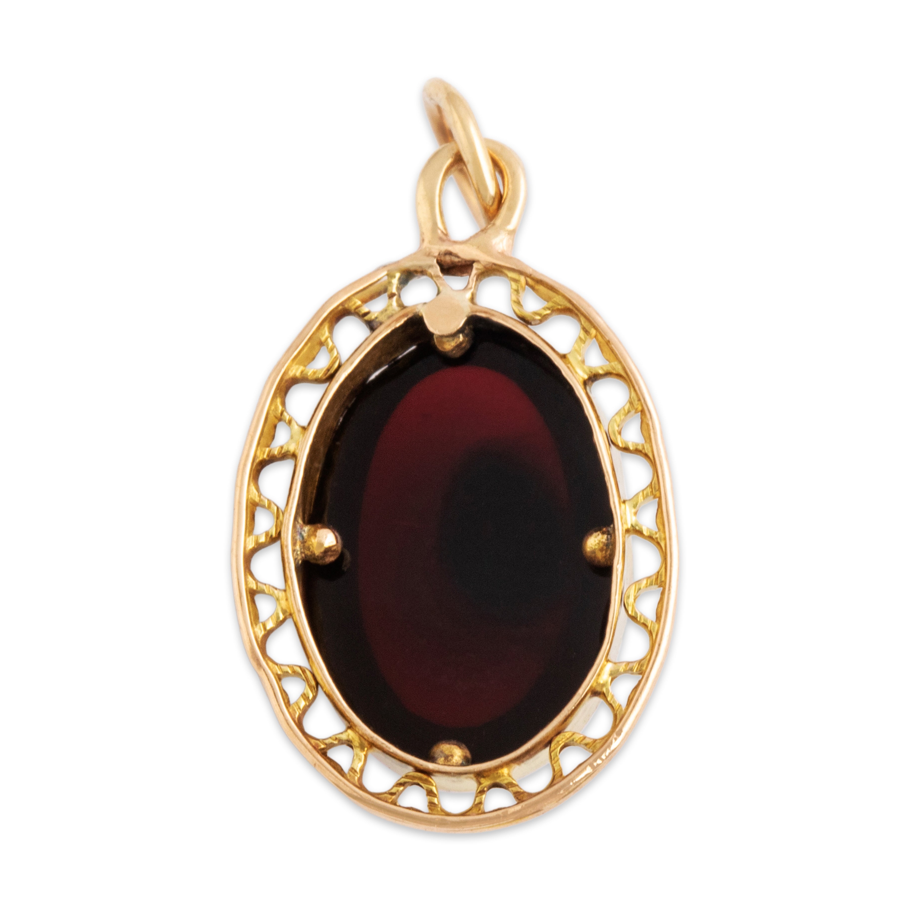 Antique 14k Yellow Gold Maroon Glass Wavy Border Cabochon Charm / Pendant - Back view