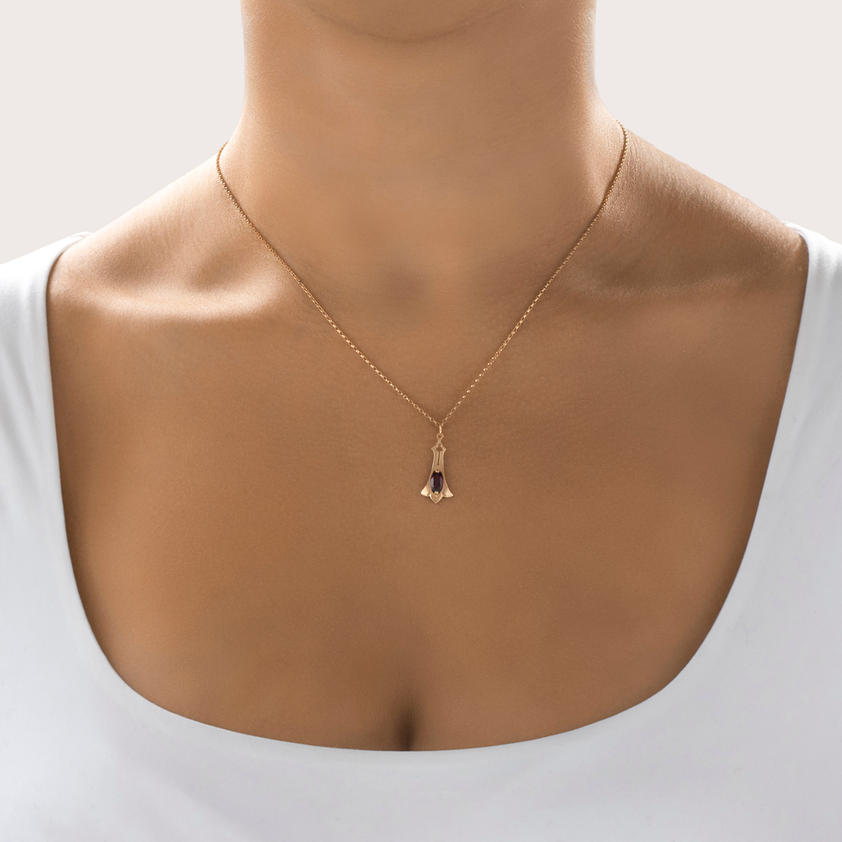 Antique 14k Yellow Gold Garnet Architectural Marquise Charm / Pendant - On model view