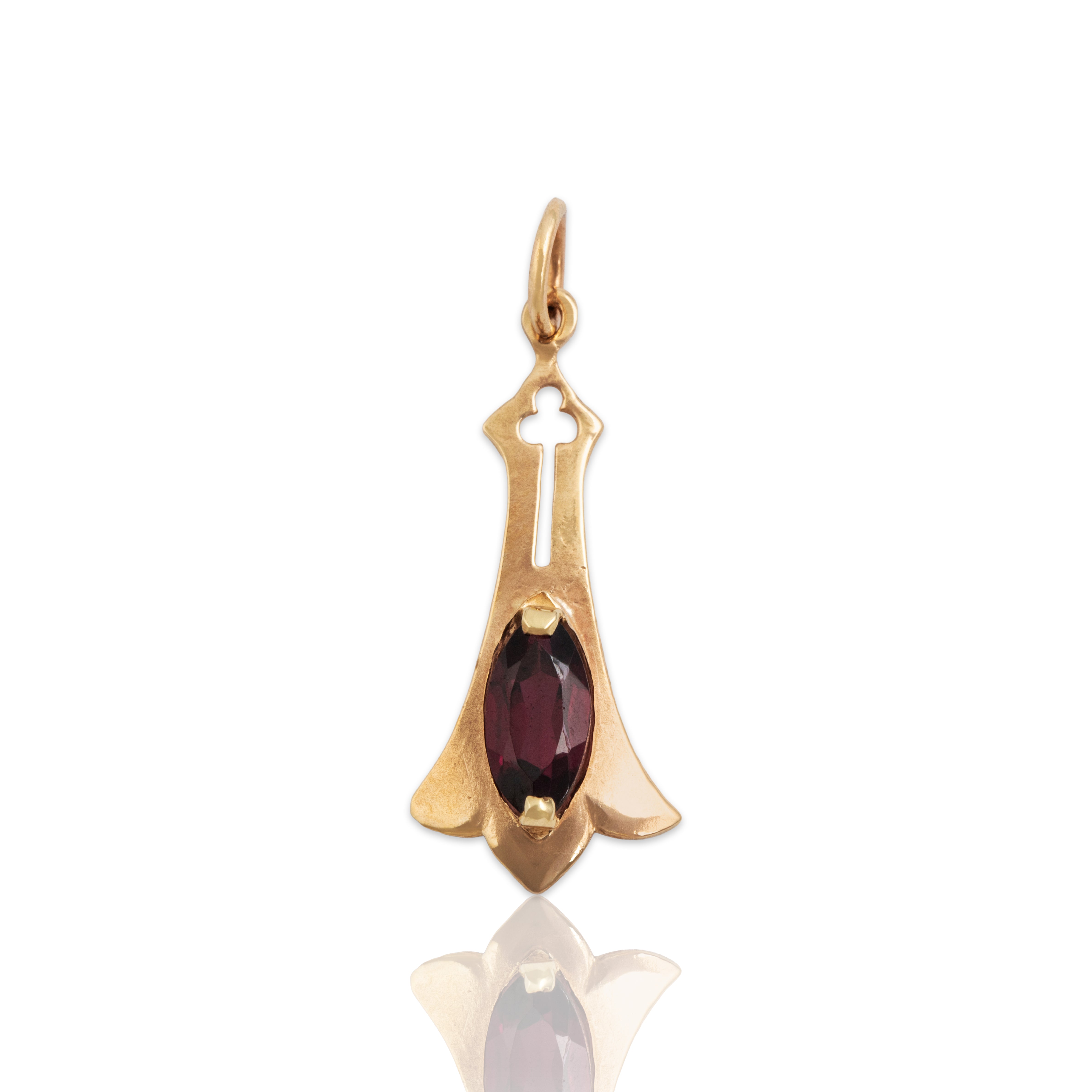 Antique 14k Yellow Gold Garnet Architectural Marquise Charm / Pendant - Close-up view