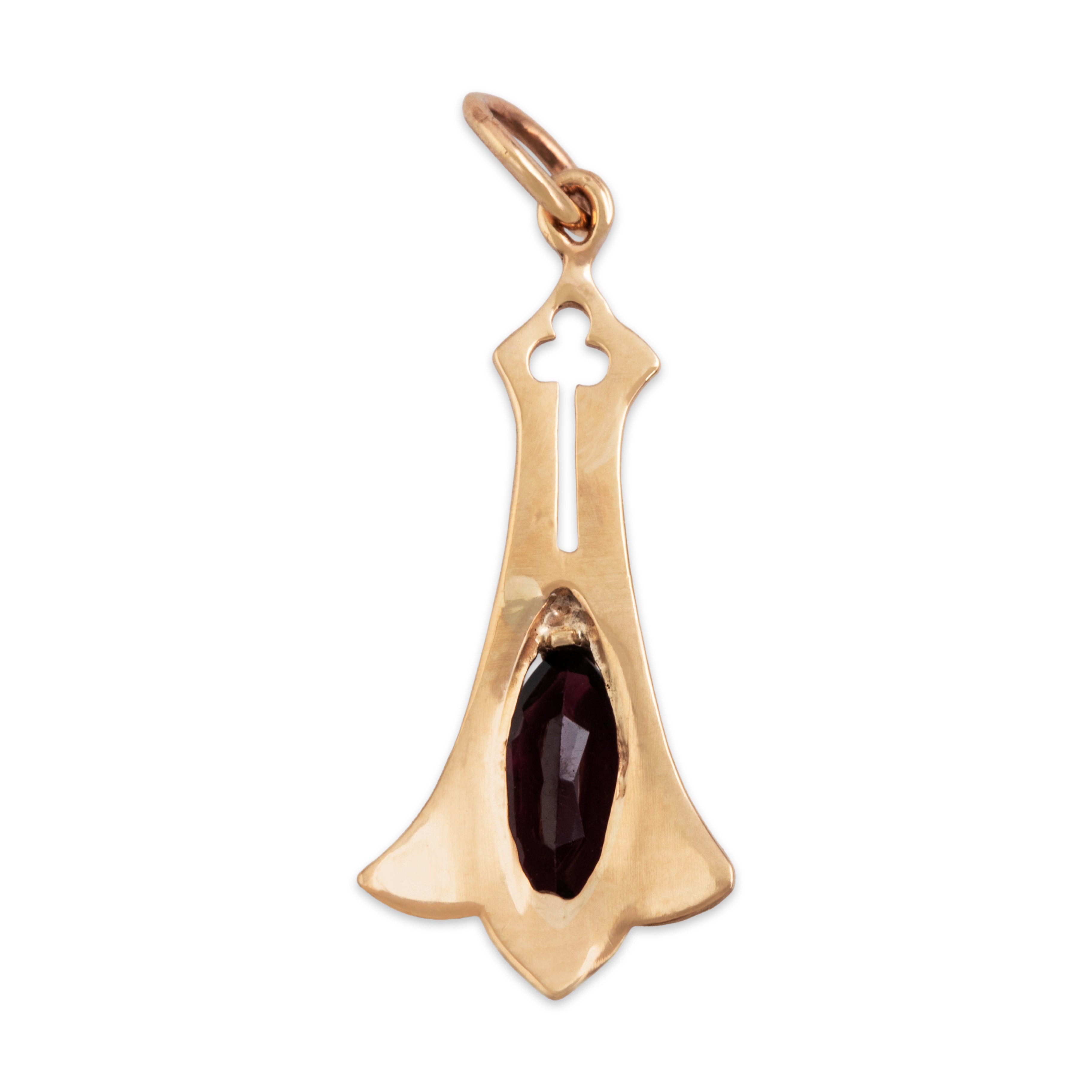 Antique 14k Yellow Gold Garnet Architectural Marquise Charm / Pendant - Back view