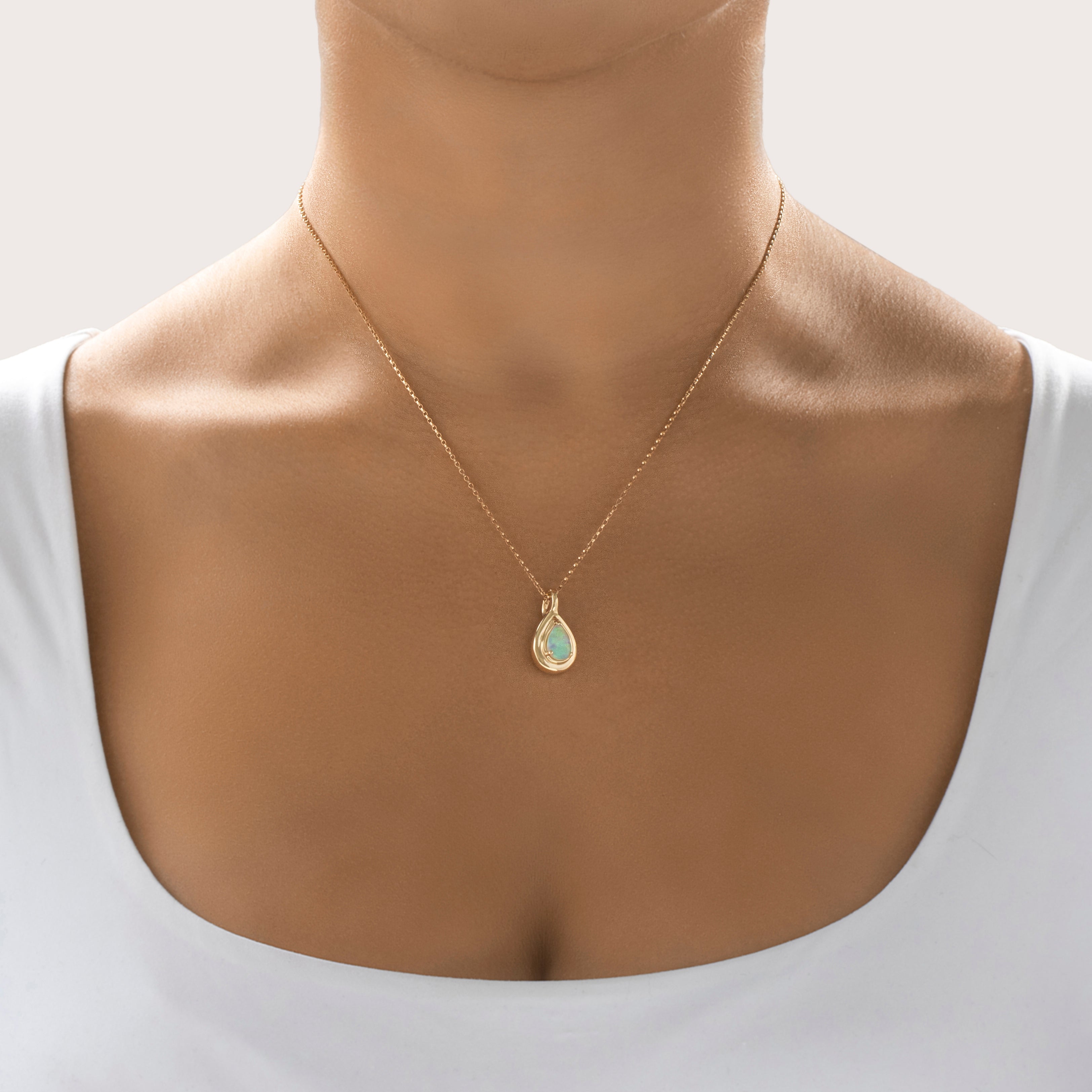 Vintage 14k Yellow Gold Opal Pretty Sleek Pear Clip Pendant - On model view