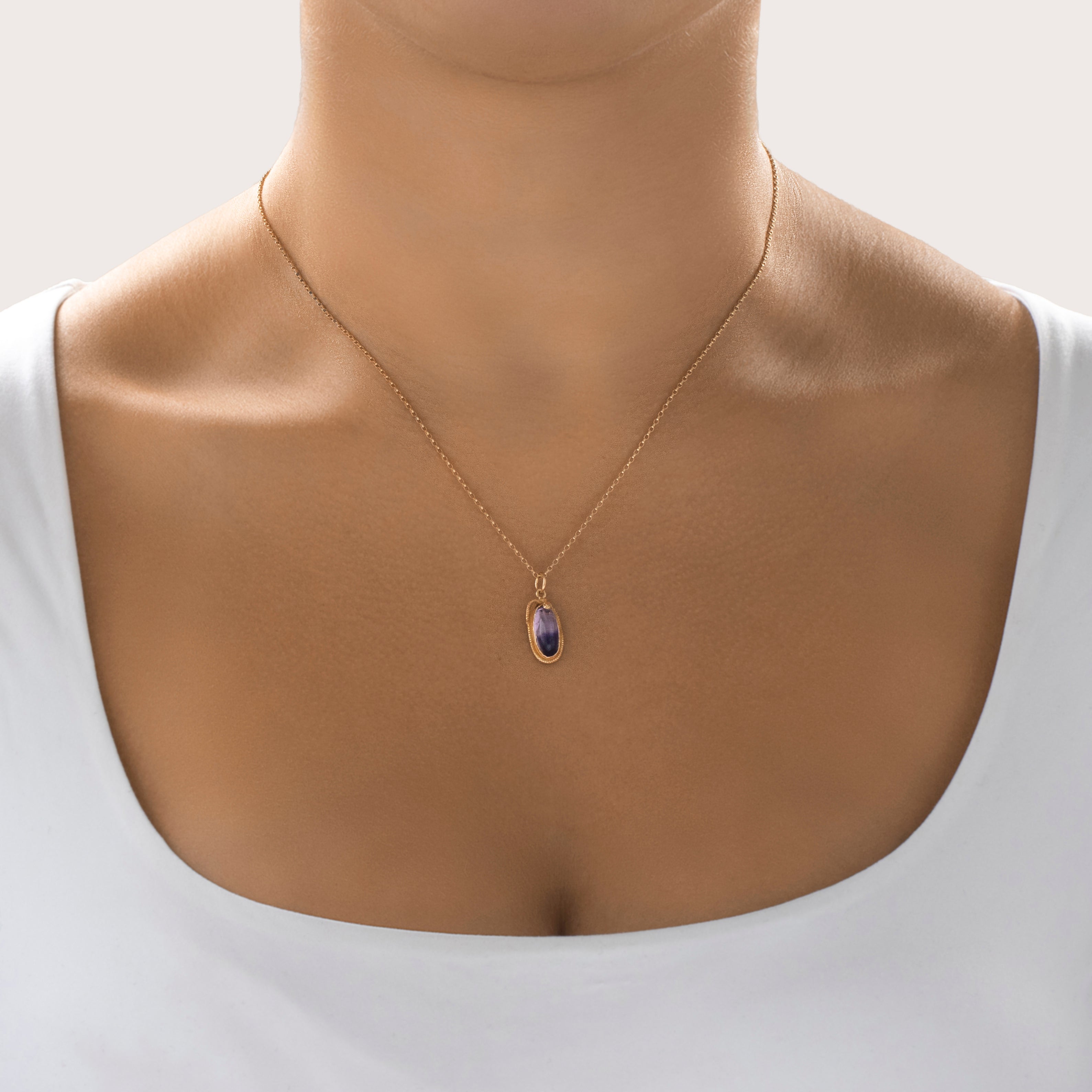 Antique Victorian 14k Yellow Gold Foil-Backed Amethyst Great Snake Pendant -On model view