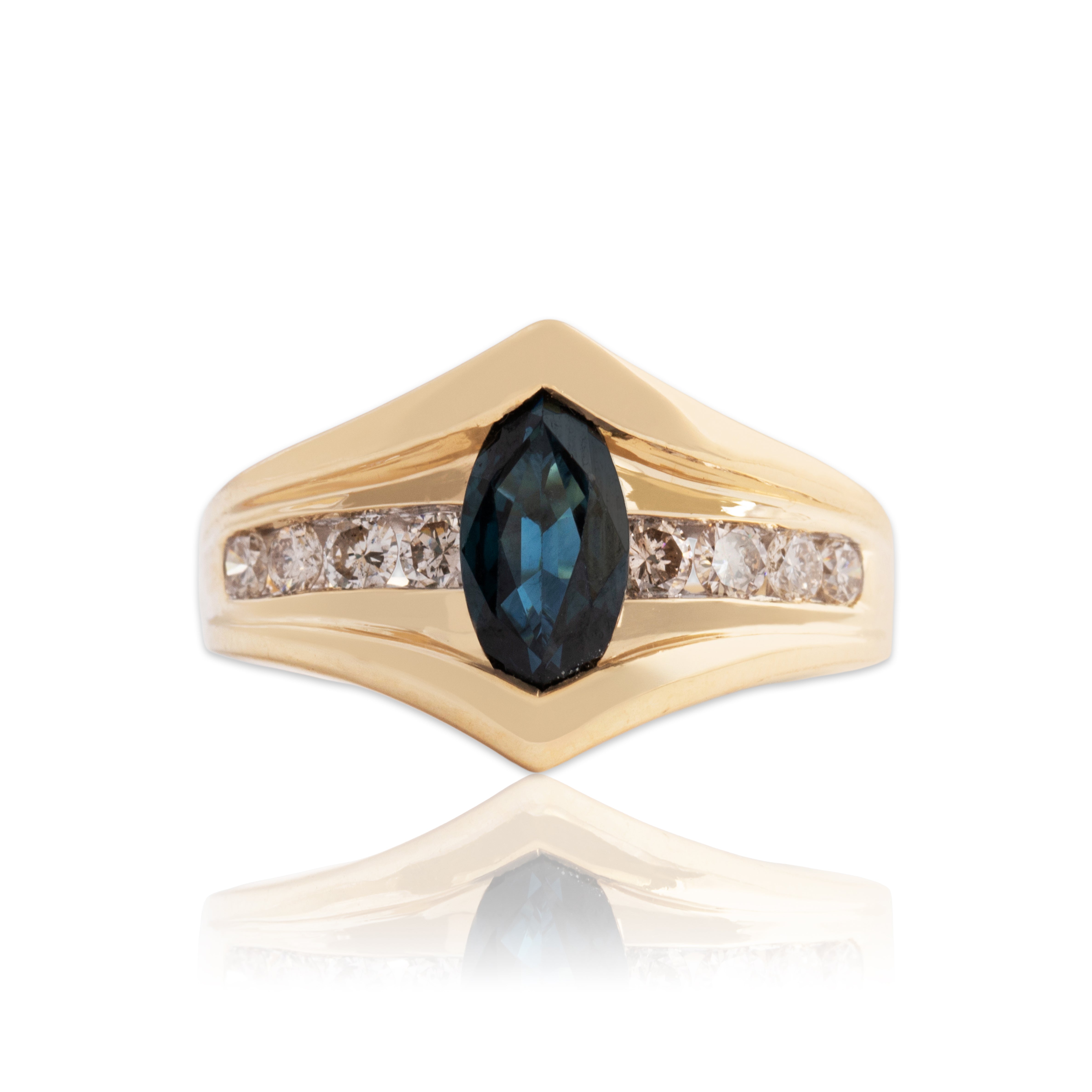 Vintage Heavy 14k Yellow Gold 1.1ct Sapphire Diamond Dramatic Marquise Ring 7.00