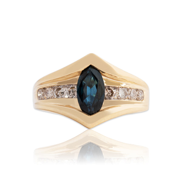Vintage Heavy 14k Yellow Gold 1.1ct Sapphire Diamond Dramatic Marquise Ring 7.00