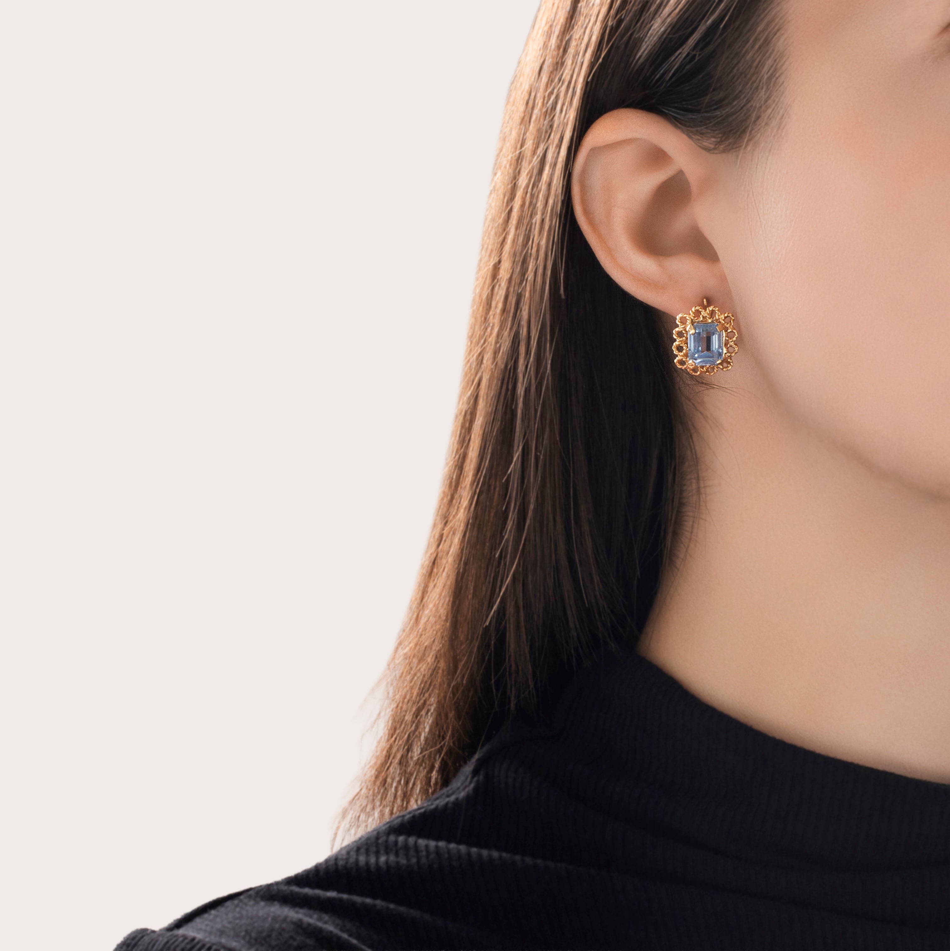 Vintage Italian 18k Yellow Gold 9.6cttw Blue Synthetic Spinel Fabulous Earrings - On model view