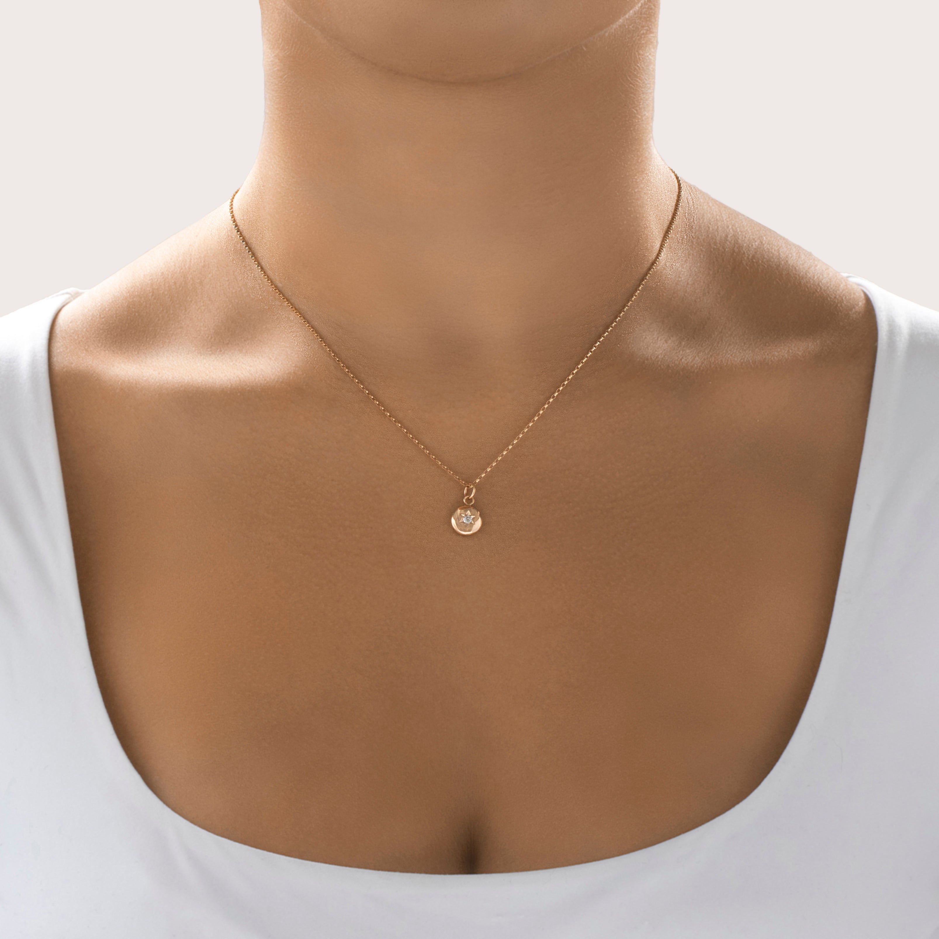 Antique 14k Rosy Yellow Gold Old Mine Diamond Gleaming Star-Set Charm / Pendant - On model view