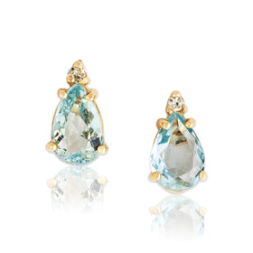 Vintage 14k Yellow Gold 1.72cttw Aquamarine Diamond Teardrop Stud Earrings