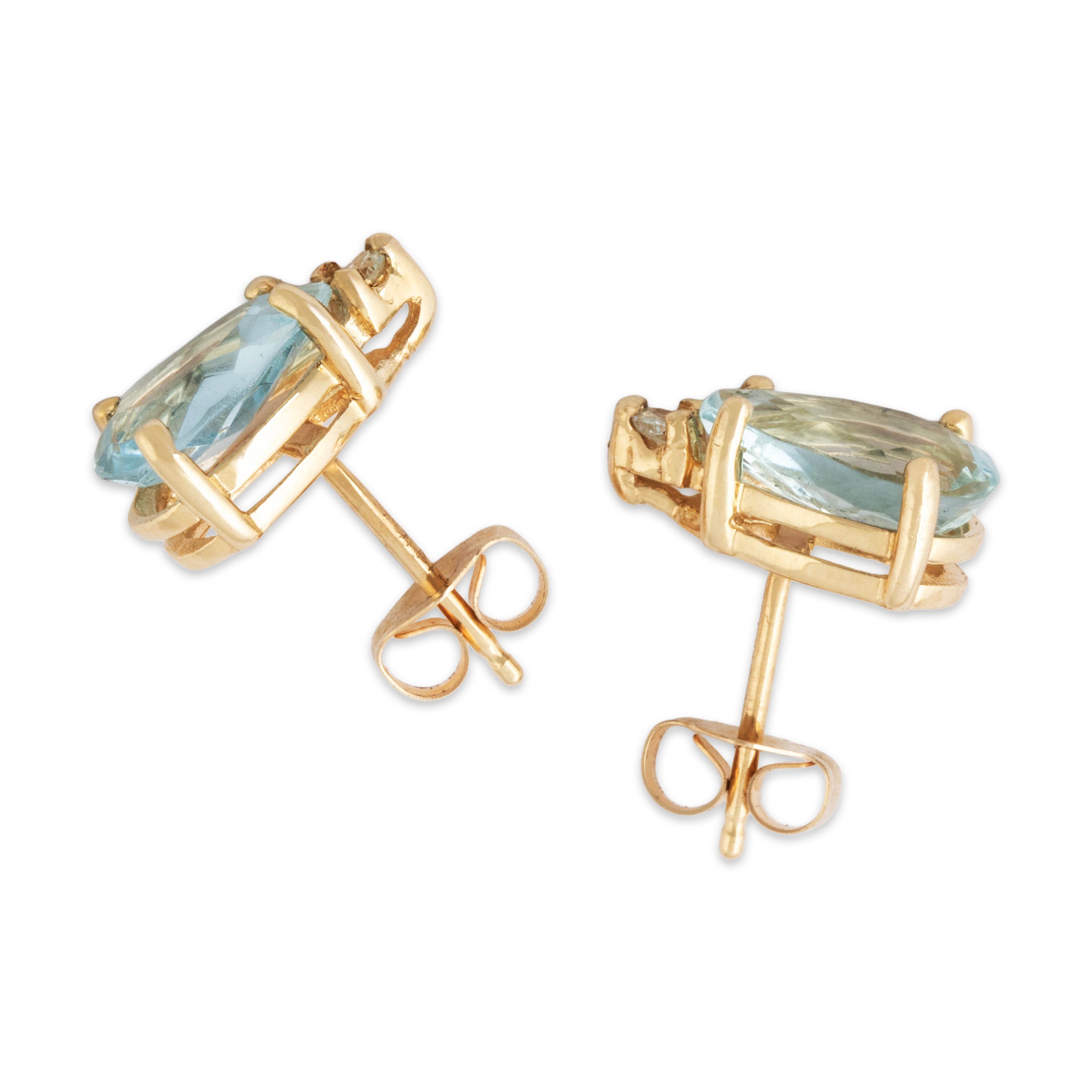 Vintage 14k Yellow Gold 1.72cttw Aquamarine Diamond Teardrop Stud Earrings