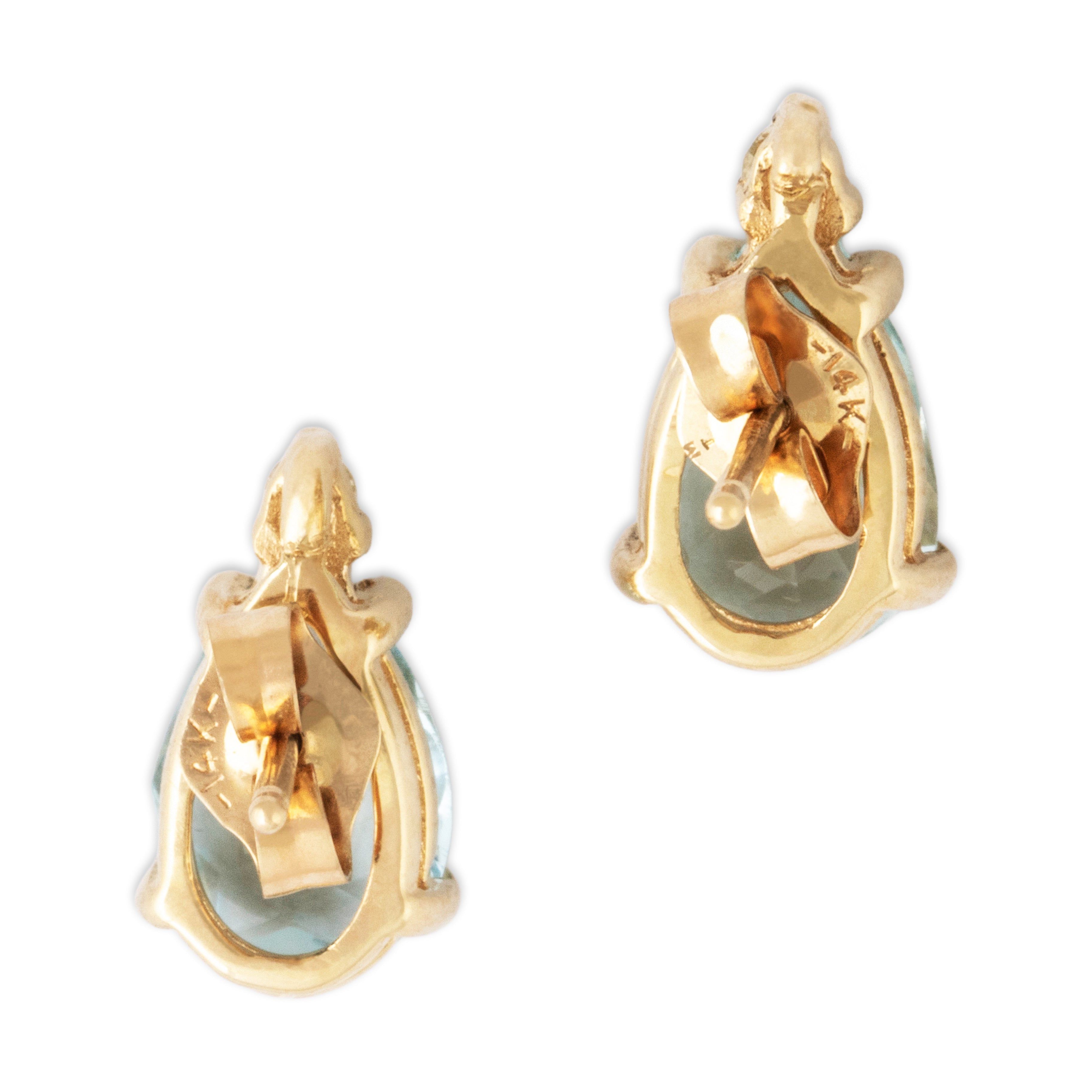 Vintage 14k Yellow Gold 1.72cttw Aquamarine Diamond Teardrop Stud Earrings - Back view