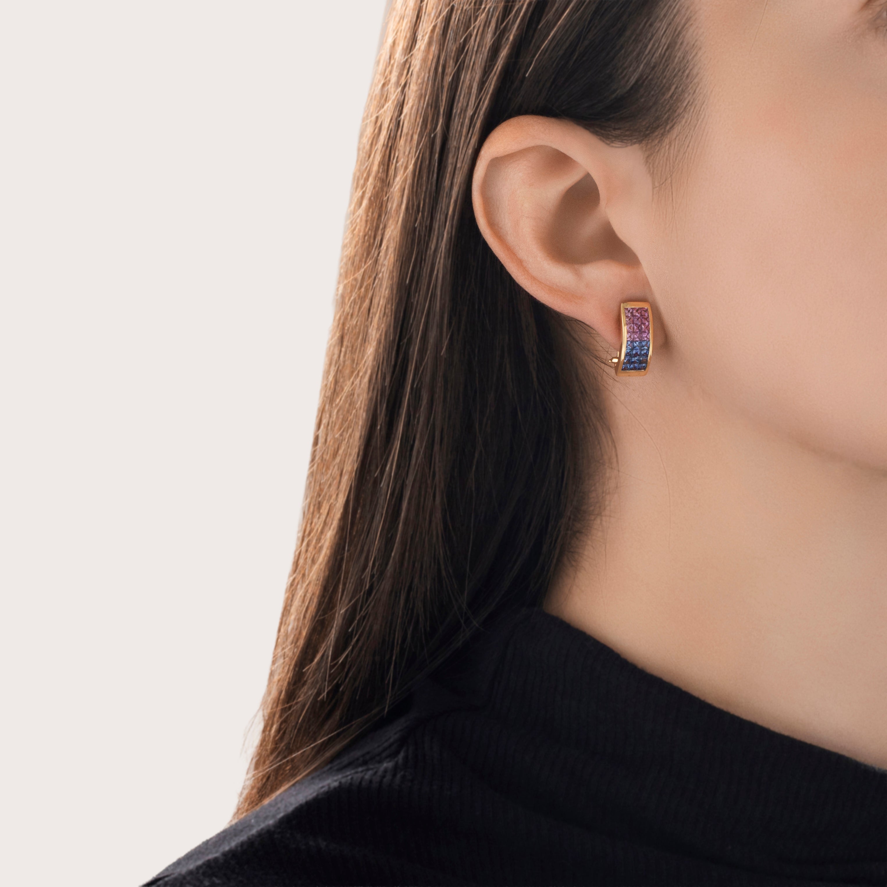 Vintage 18k Yellow Gold 1.44cttw Pink & Blue Sapphire Stunning Tile Earrings - On model view