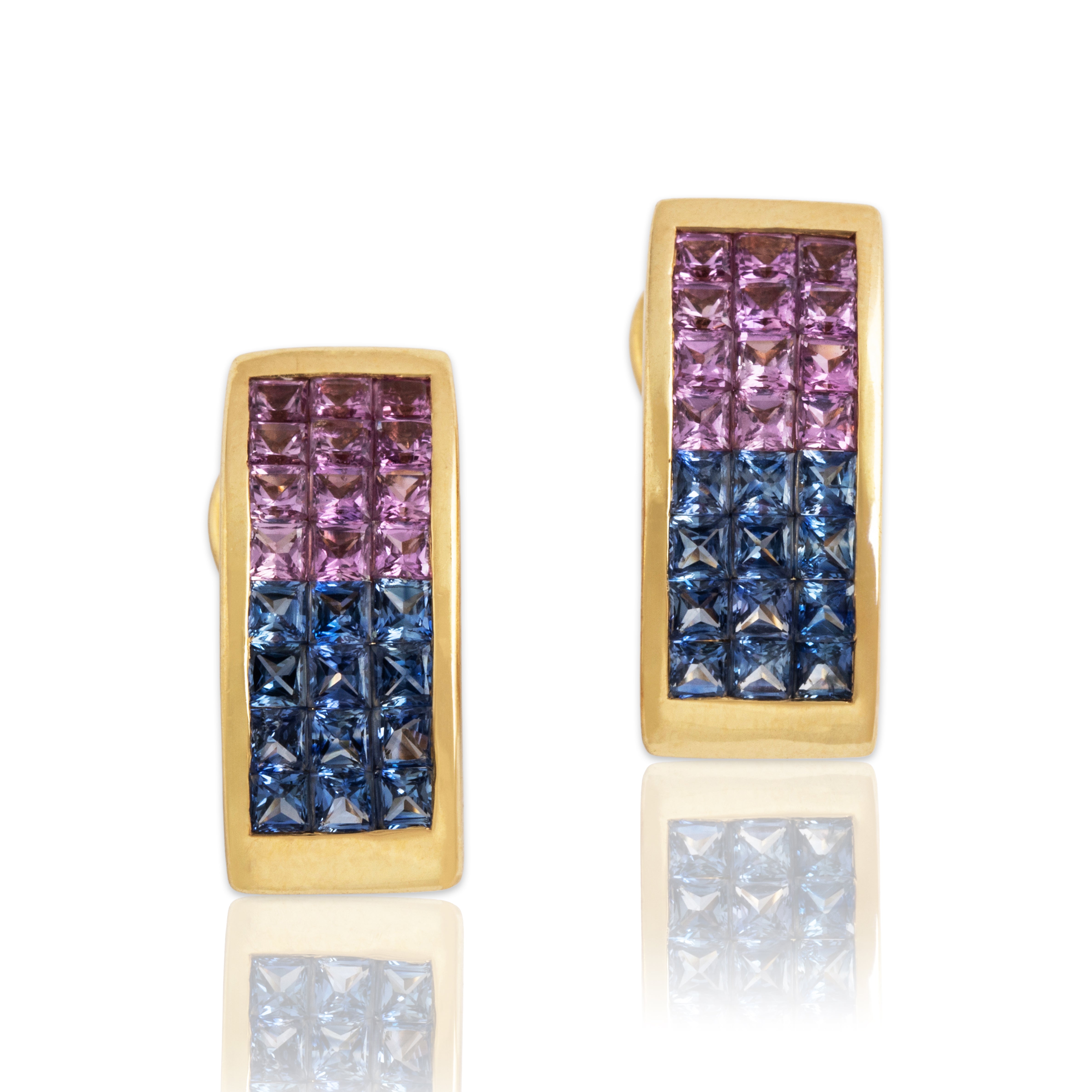 Vintage 18k Yellow Gold 1.44cttw Pink & Blue Sapphire Stunning Tile Earrings - Close-up view