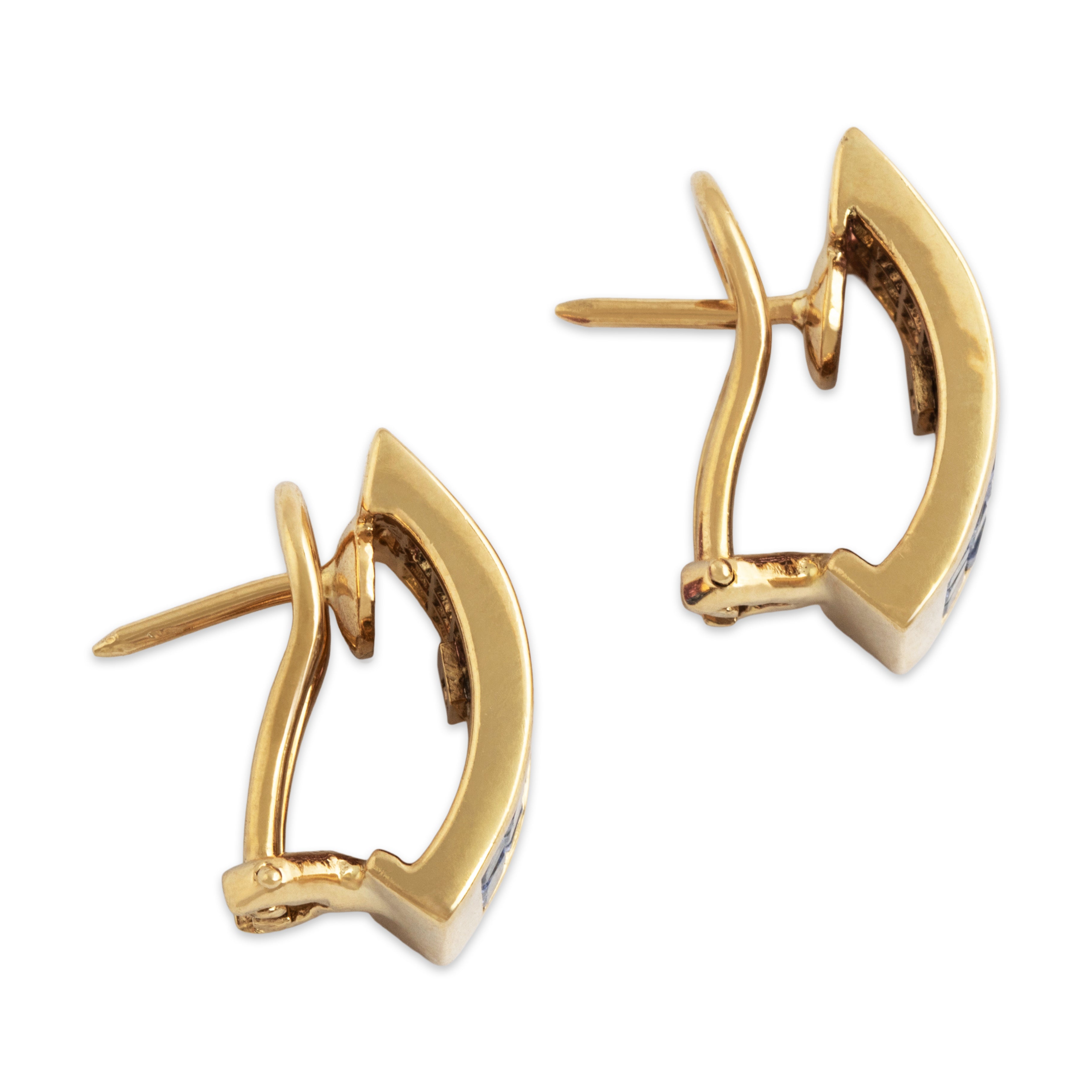 Vintage 18k Yellow Gold 1.44cttw Pink & Blue Sapphire Stunning Tile Earrings - Side view