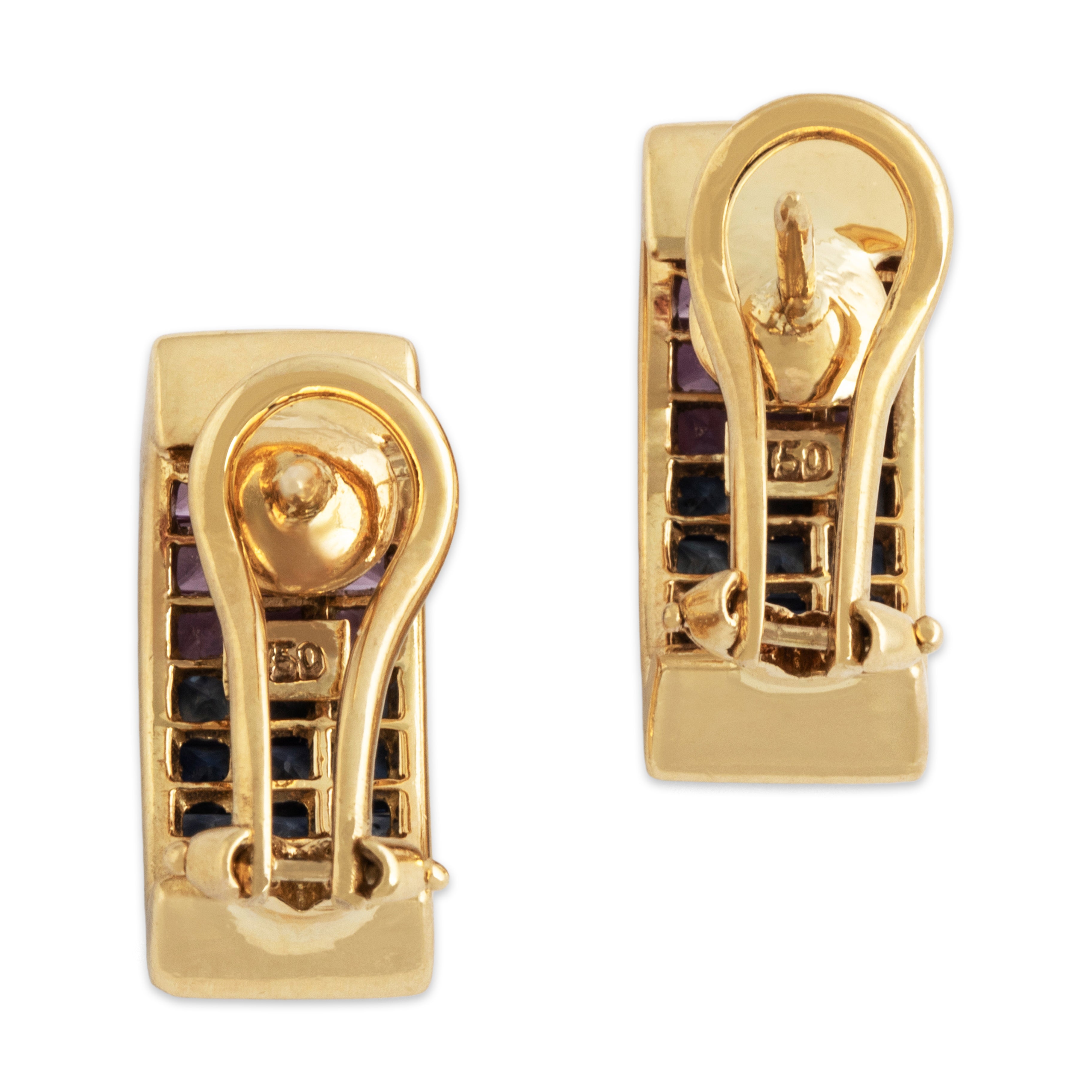 Vintage 18k Yellow Gold 1.44cttw Pink & Blue Sapphire Stunning Tile Earrings - Back view