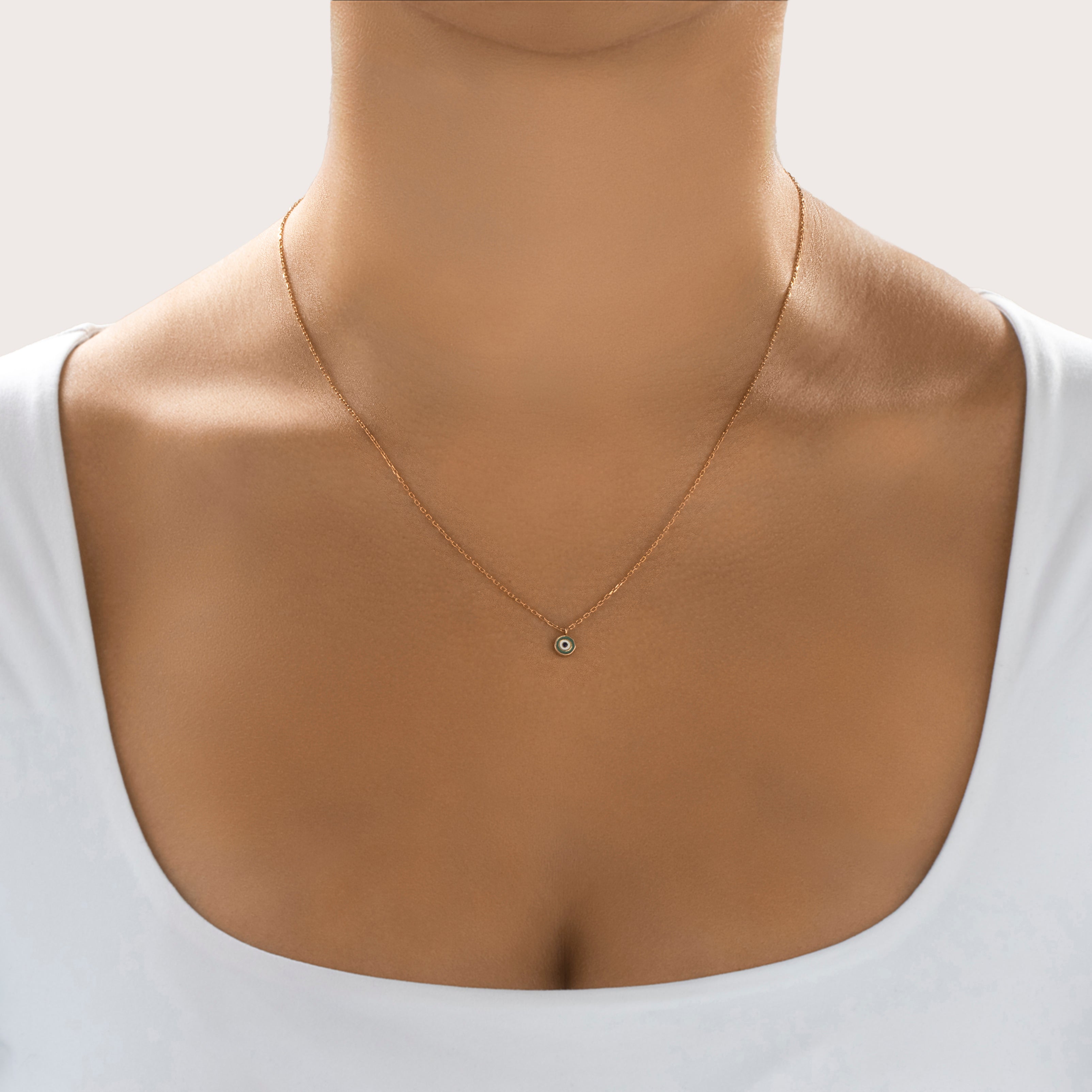 Estate 14k Rose Gold Dainty Blue Enamel Evil Eye Necklace - On model view