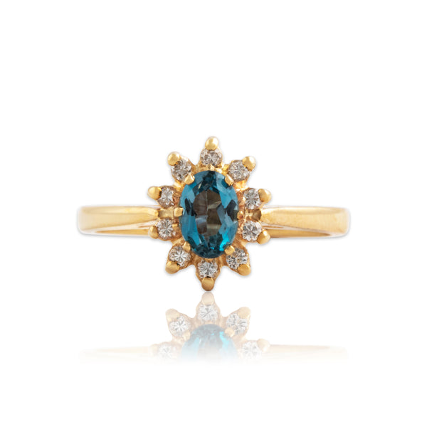 Vintage 14k Yellow Gold Blue Topaz Diamond Serene Halo Ring 6.25