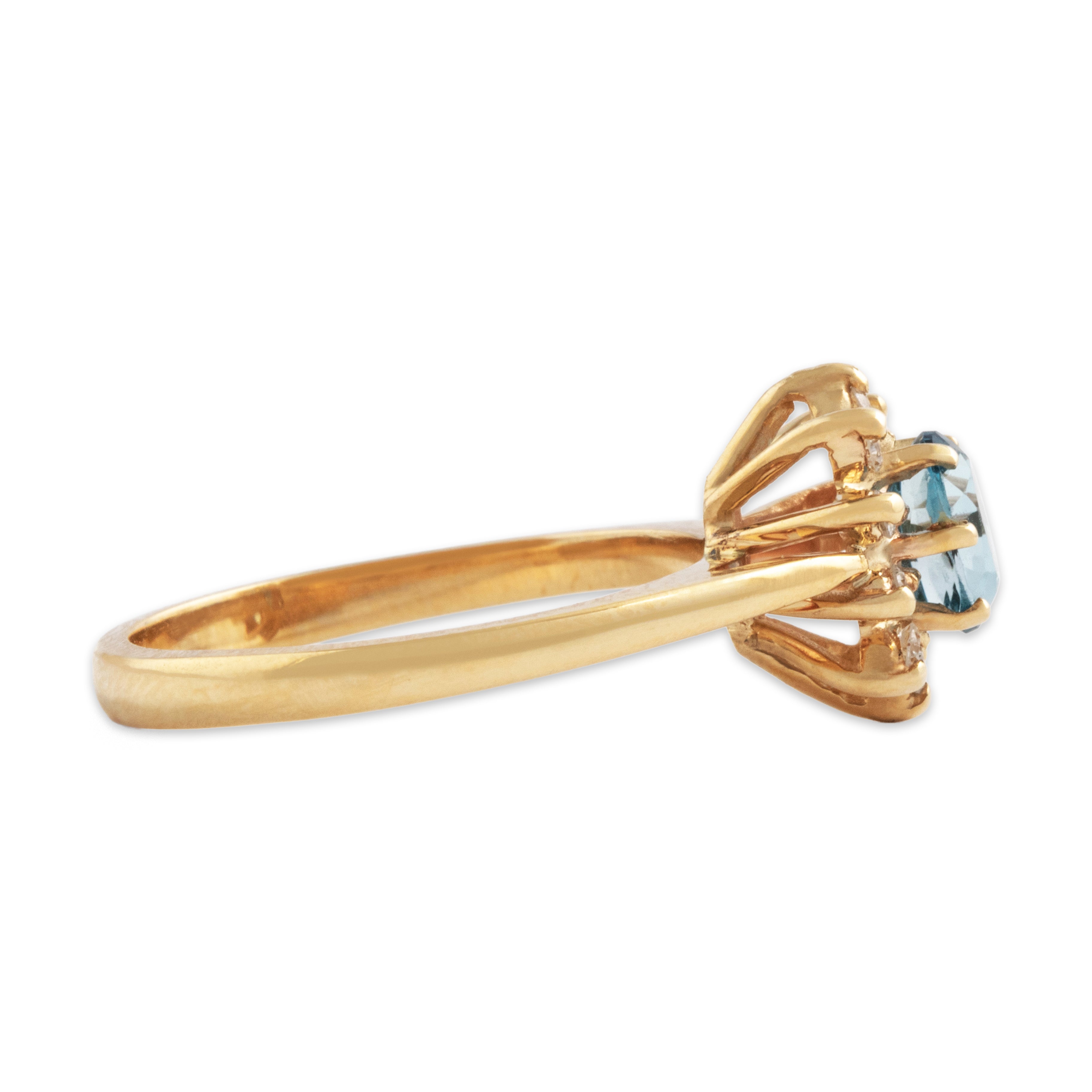 Vintage 14k Yellow Gold Blue Topaz Diamond Serene Halo Ring - Side view