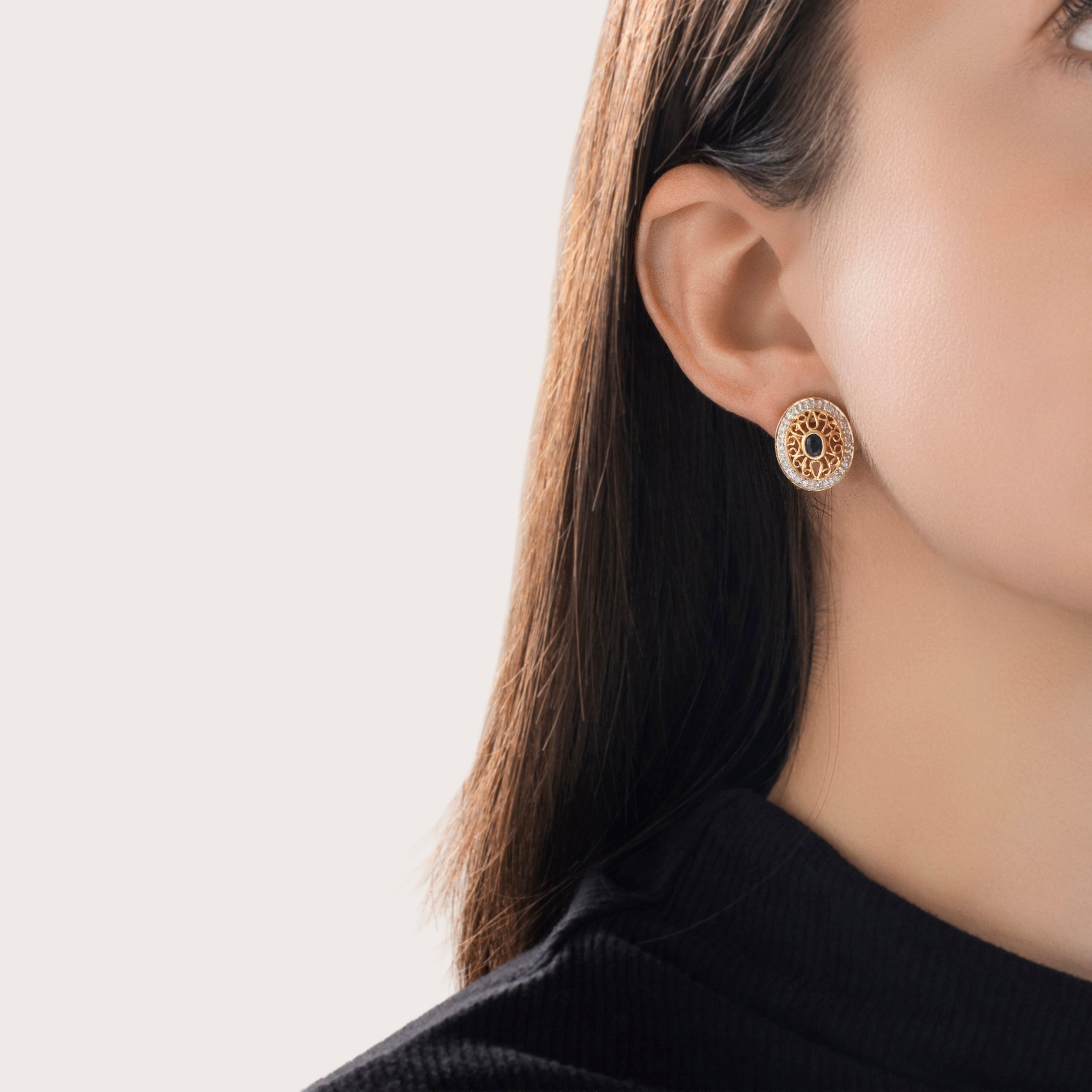 Vintage 14k Yellow Gold Sapphire Diamond Openwork Statement Stud Earrings - On model view