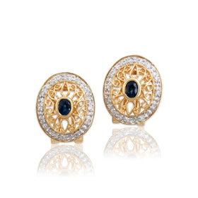 Vintage 14k Yellow Gold Sapphire Diamond Openwork Statement Stud Earrings