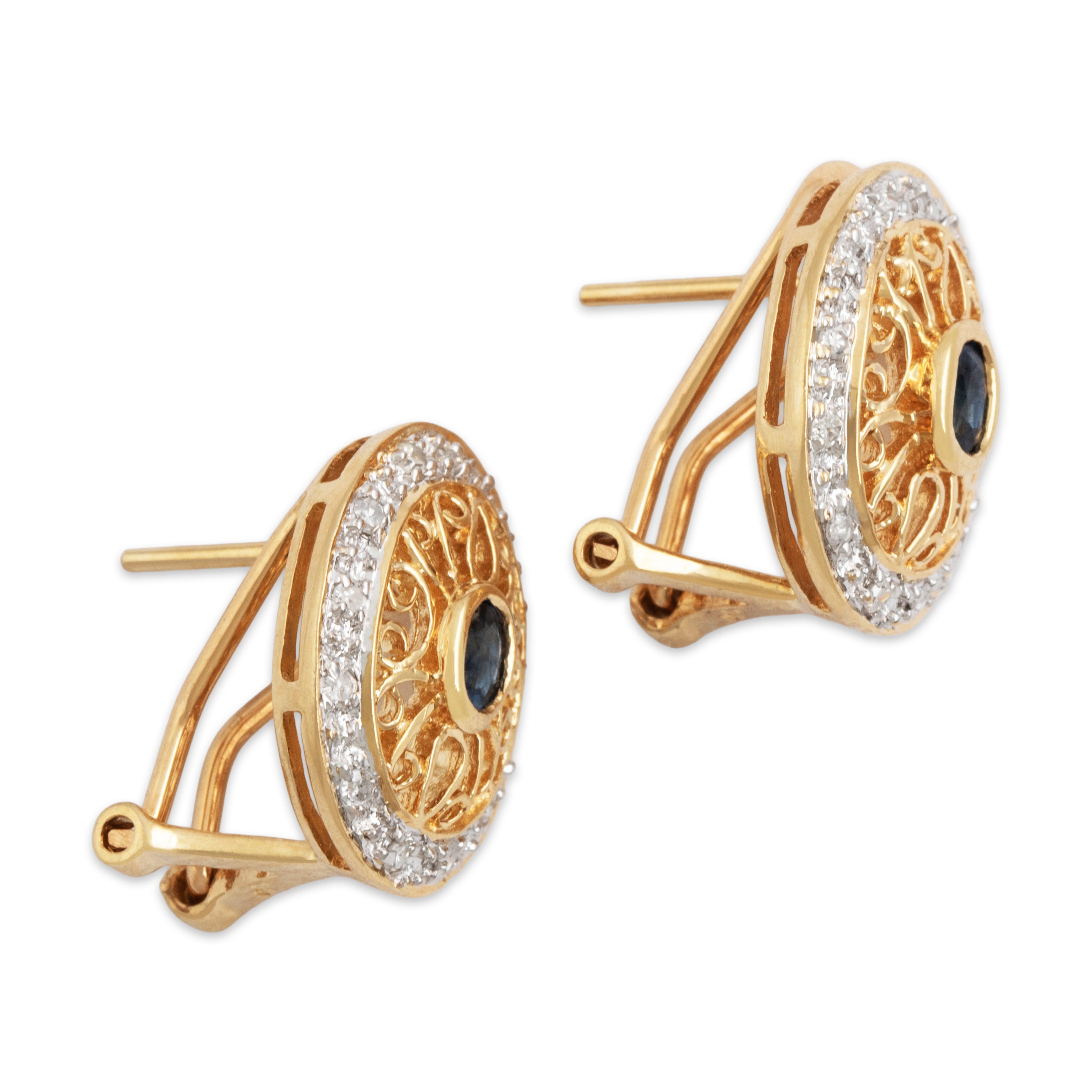 Vintage 14k Yellow Gold Sapphire Diamond Openwork Statement Stud Earrings - Side view