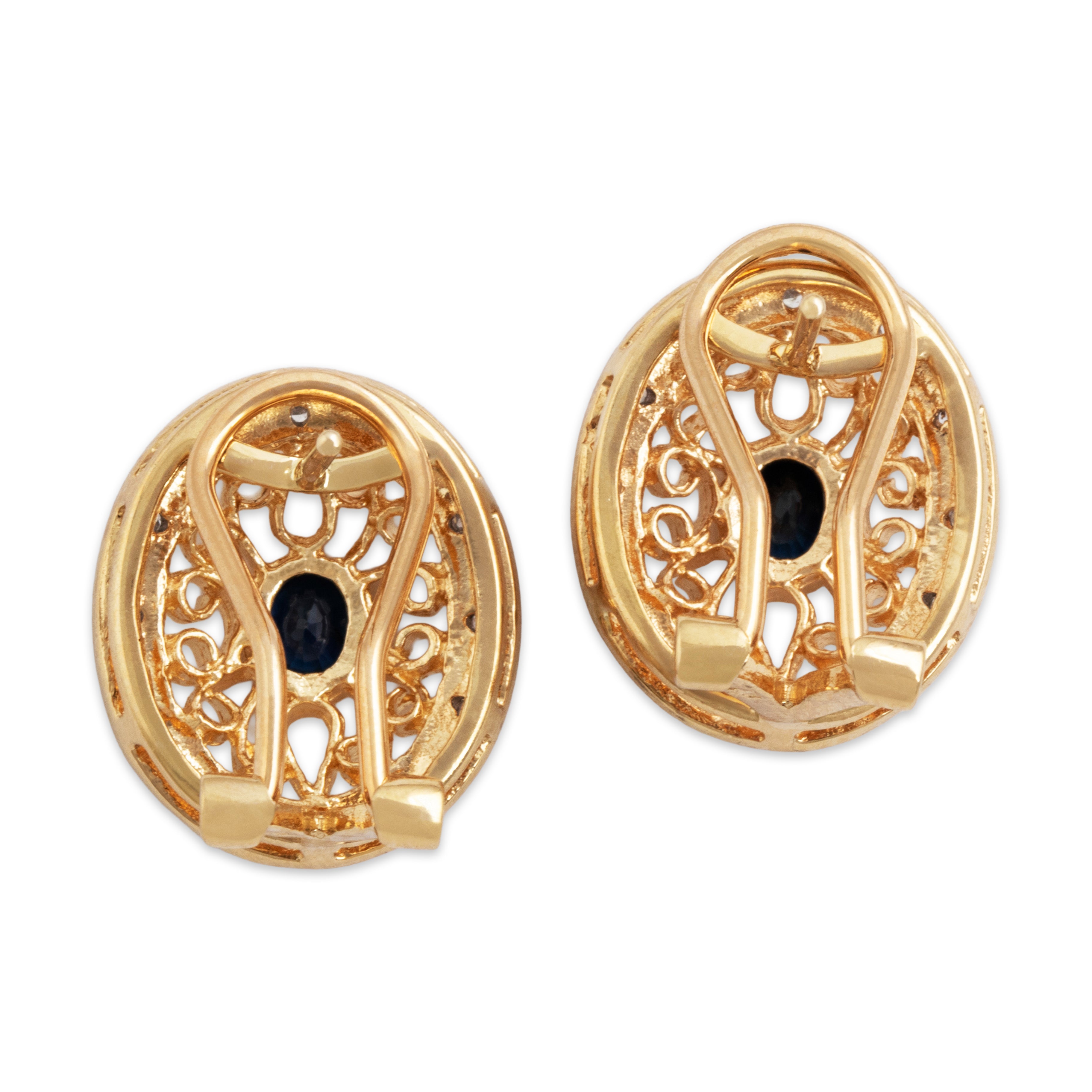 Vintage 14k Yellow Gold Sapphire Diamond Openwork Statement Stud Earrings - Back view