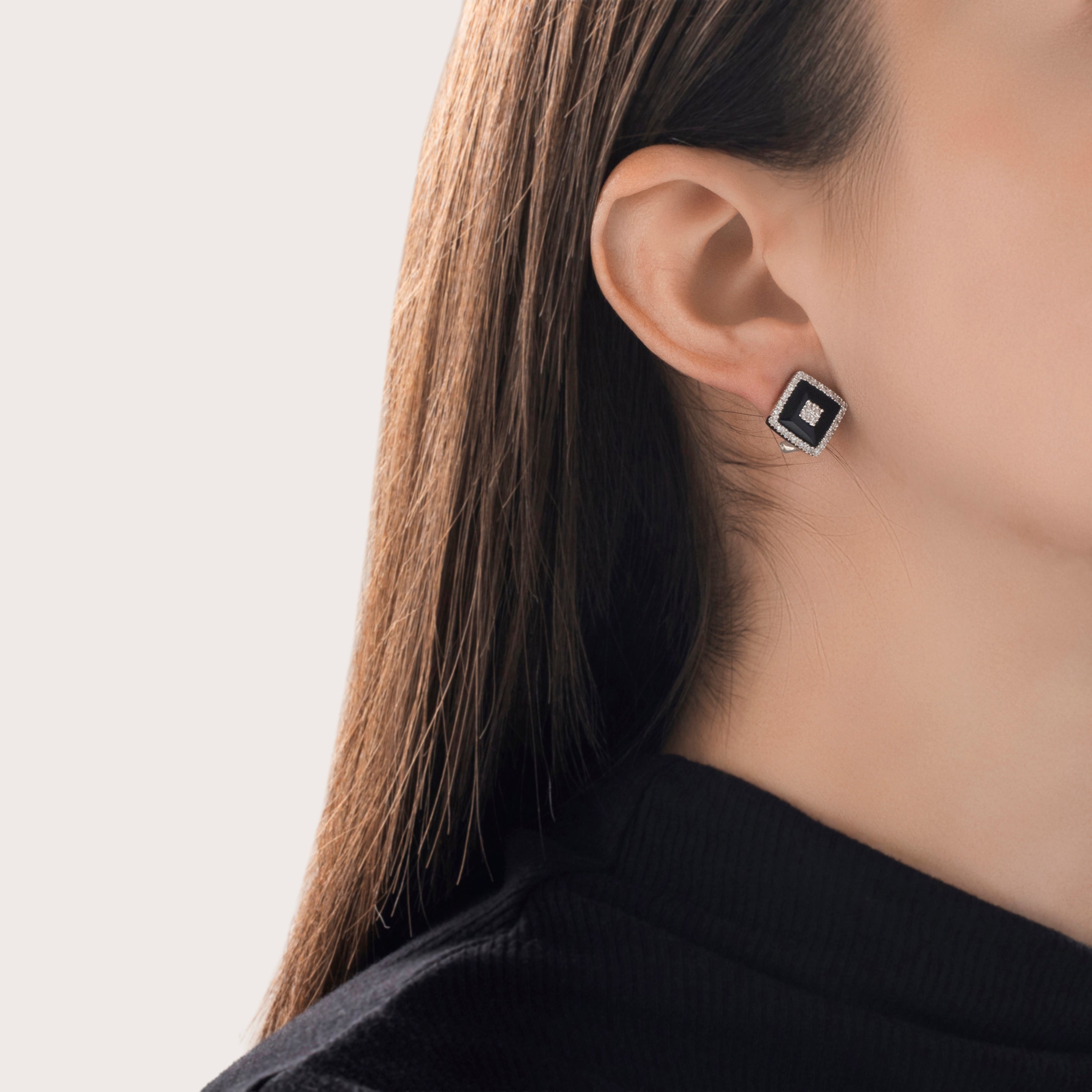 Vintage 14k White Gold .344cttw Diamond Onyx Pretty Border Stud Earrings - On model view