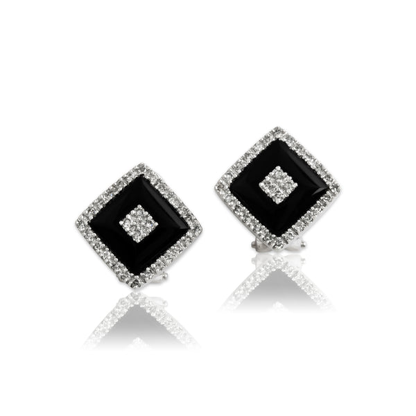 Vintage 14k White Gold .344cttw Diamond Onyx Pretty Border Stud Earrings