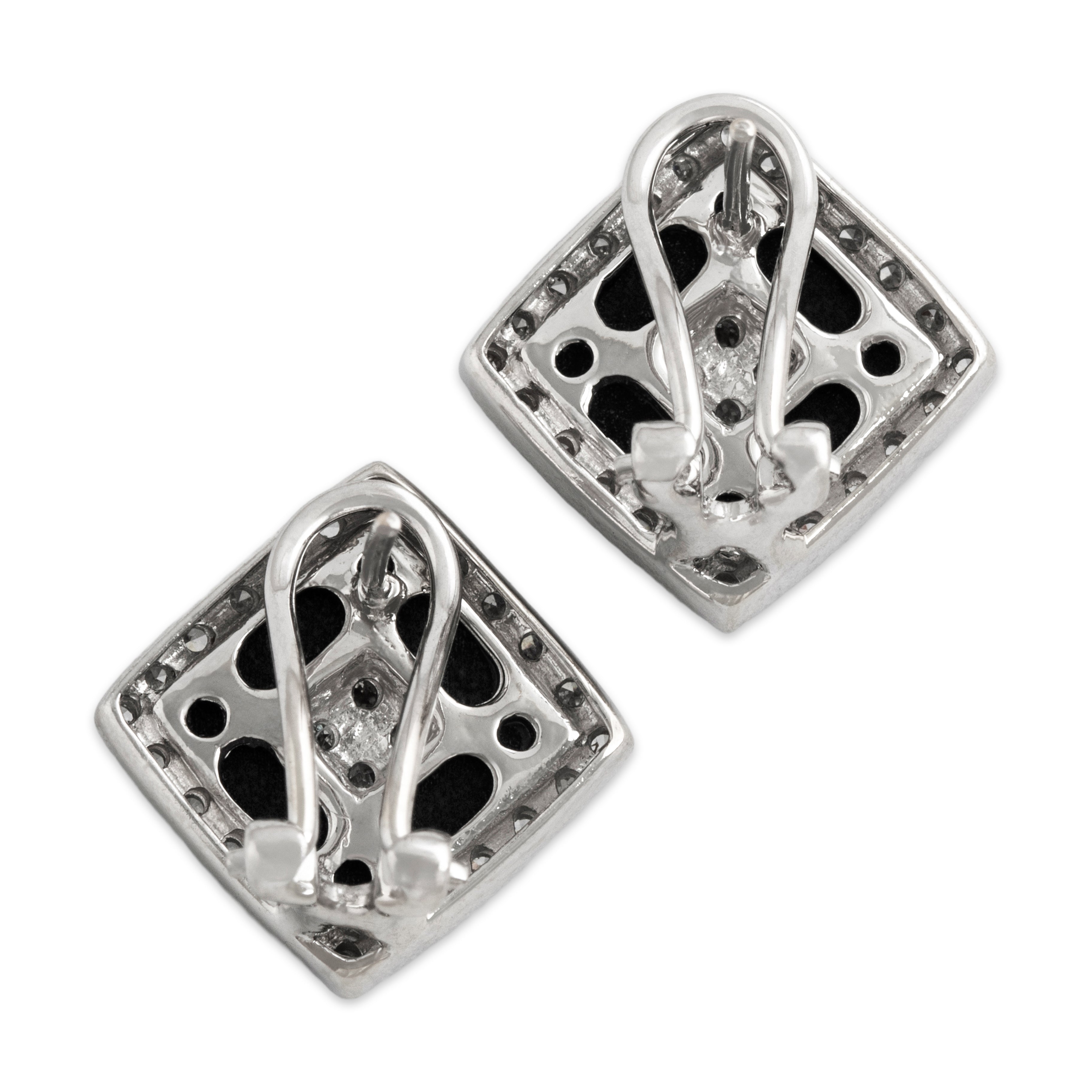 Vintage 14k White Gold .344cttw Diamond Onyx Pretty Border Stud Earrings -Back view