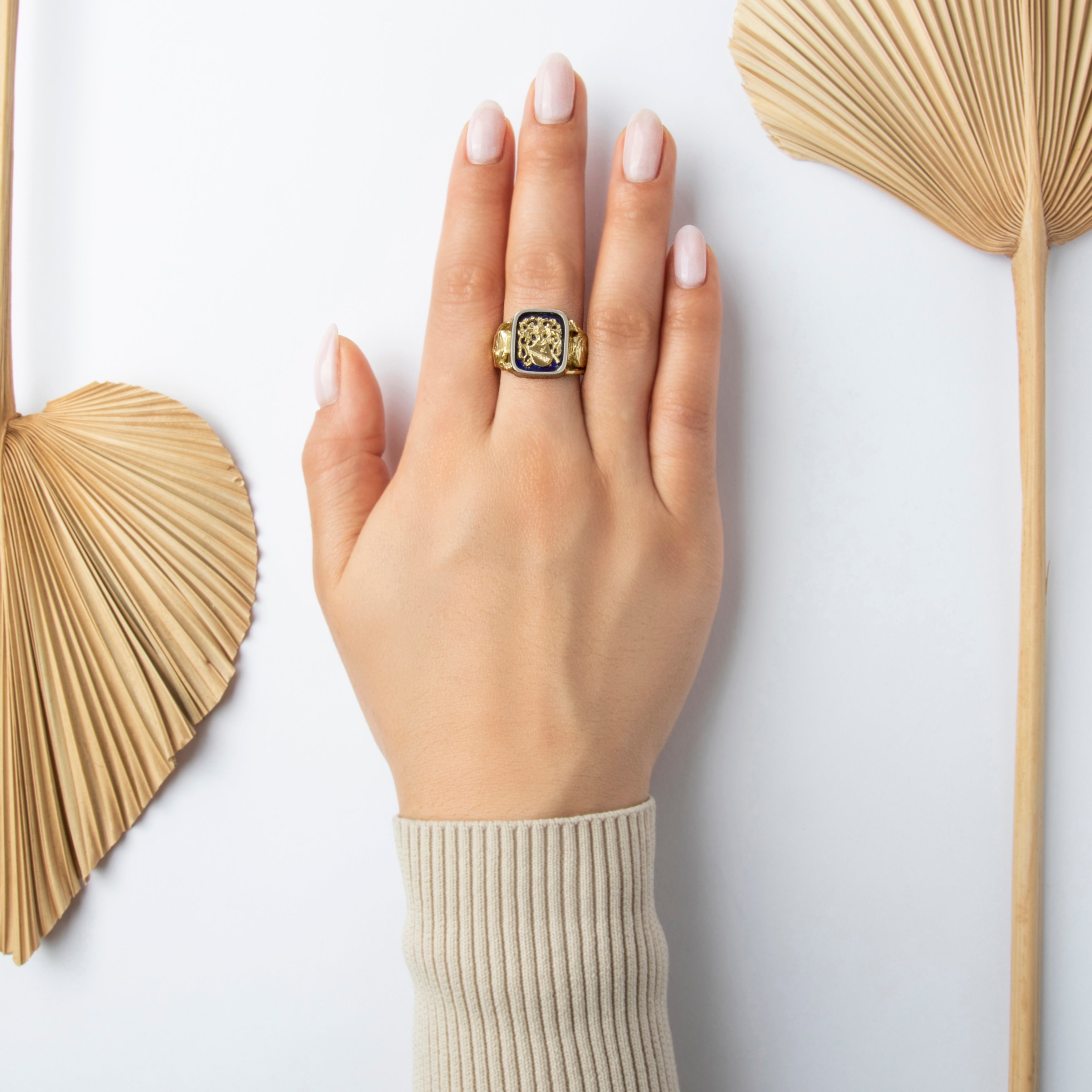 Vintage Italian Heavy 18k Yellow & White Gold Enamel Crest Signet Ring - On model view