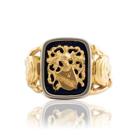 Vintage Italian Heavy 18k Yellow & White Gold Enamel Crest Signet Ring 10.75