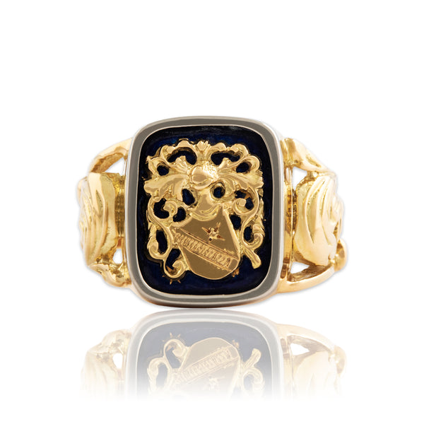 Vintage Italian Heavy 18k Yellow & White Gold Enamel Crest Signet Ring 10.75