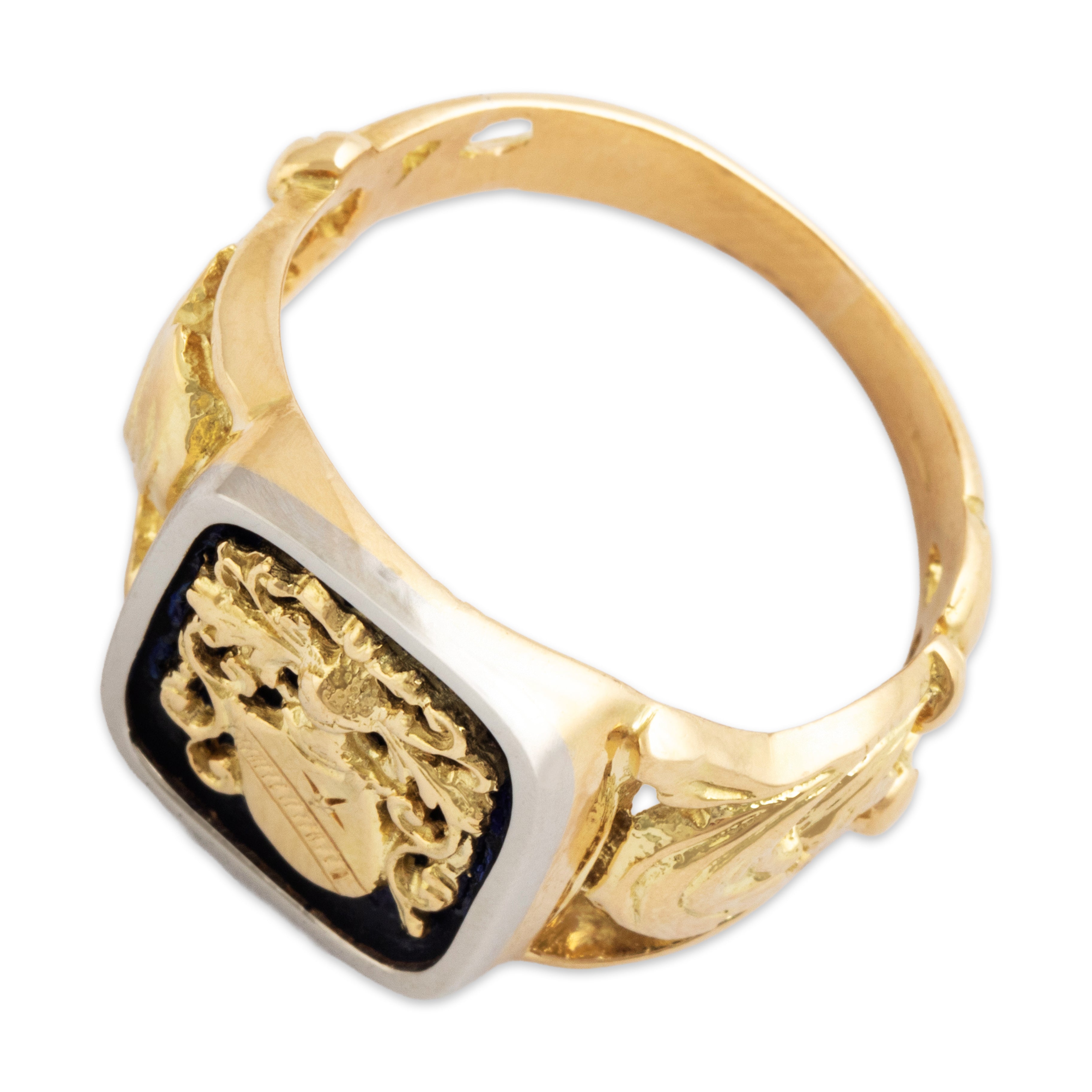 Vintage Italian Heavy 18k Yellow & White Gold Enamel Crest Signet Ring - Overall view