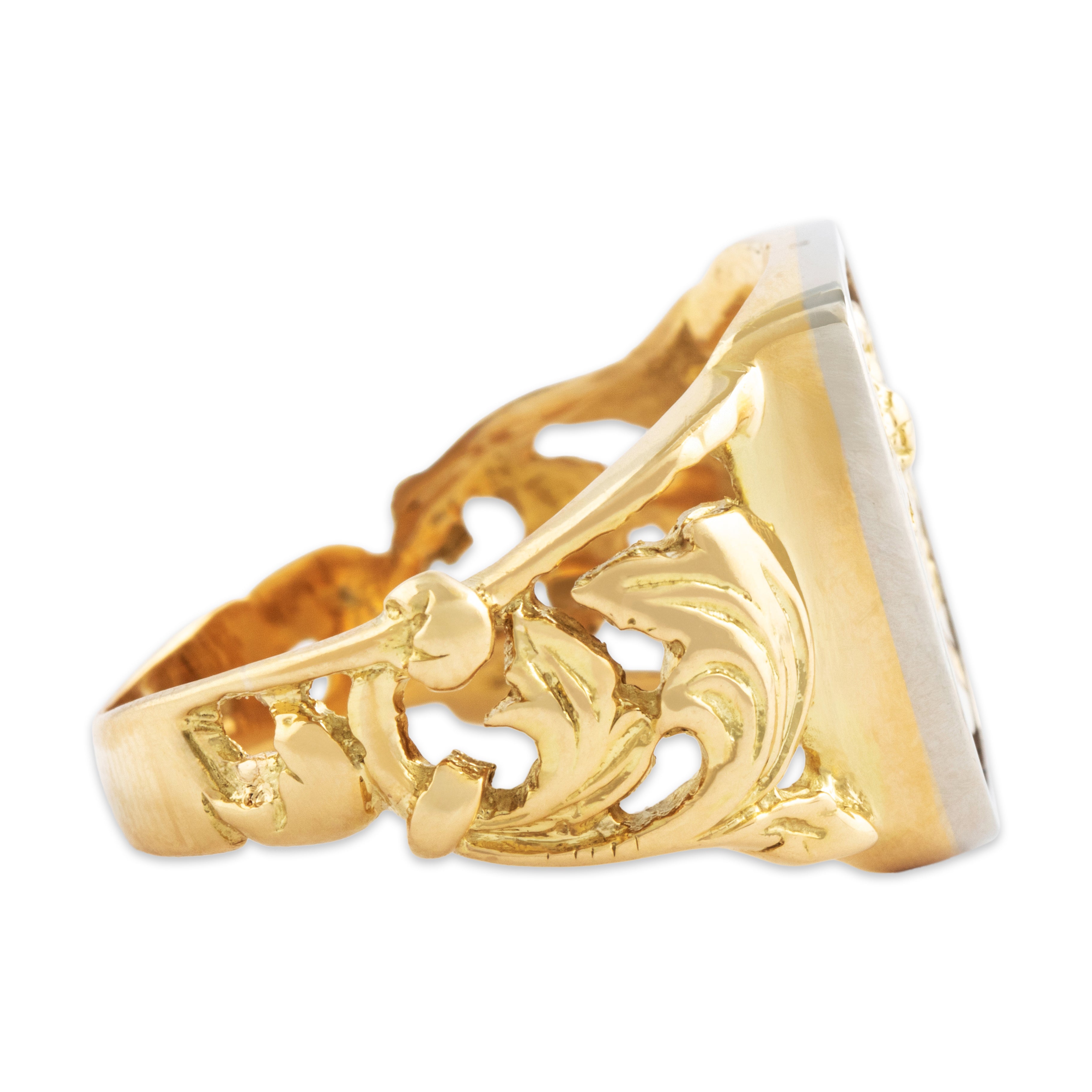 Vintage Italian Heavy 18k Yellow & White Gold Enamel Crest Signet Ring - Side view