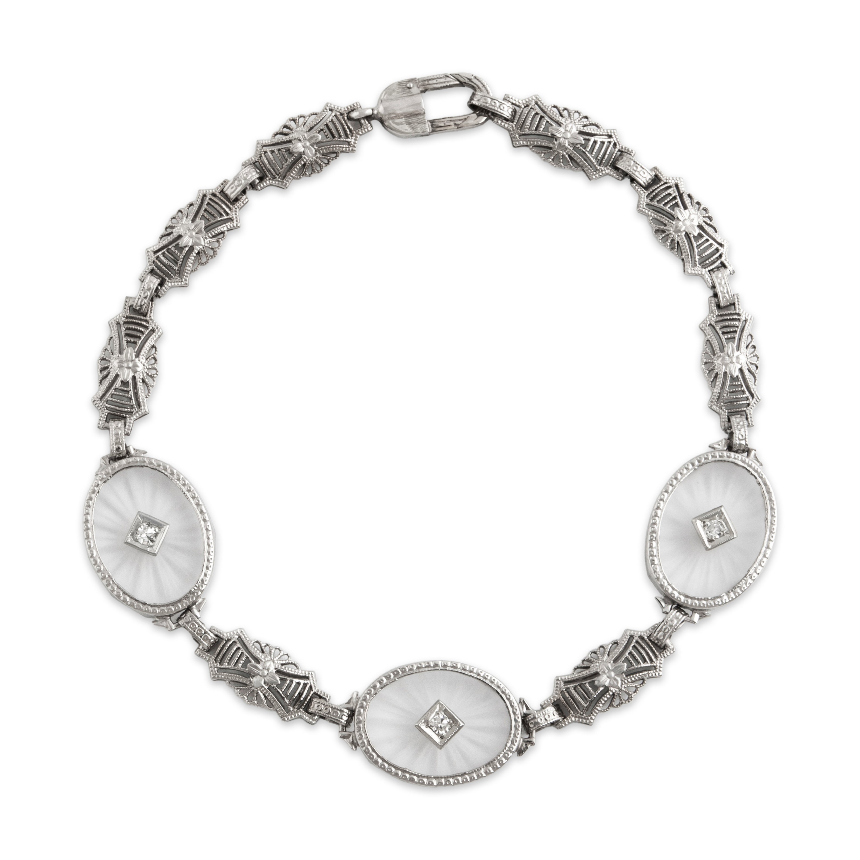 Antique Art Deco 14k White Gold Diamond Camphor Glass Openwork Bracelet - Overall view
