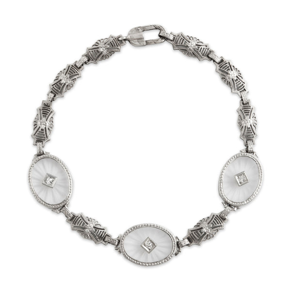 Antique Art Deco 14k White Gold Diamond Camphor Glass Openwork Bracelet 7.5