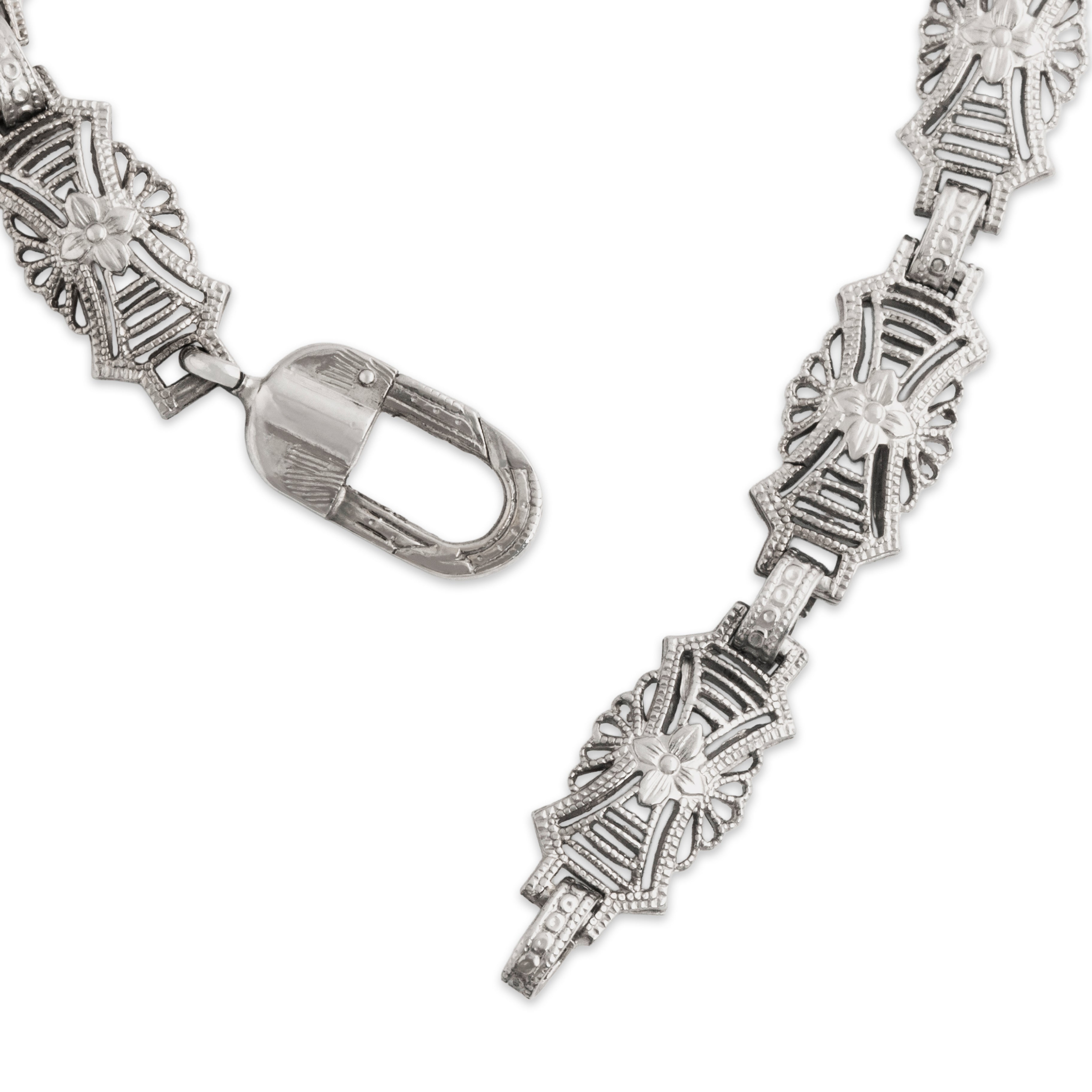 Antique Art Deco 14k White Gold Diamond Camphor Glass Openwork Bracelet - clasp view