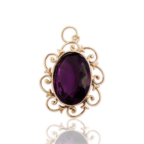 Antique Large 10k Yellow Gold Purple Glass Scrolling Flourish Border Pendant