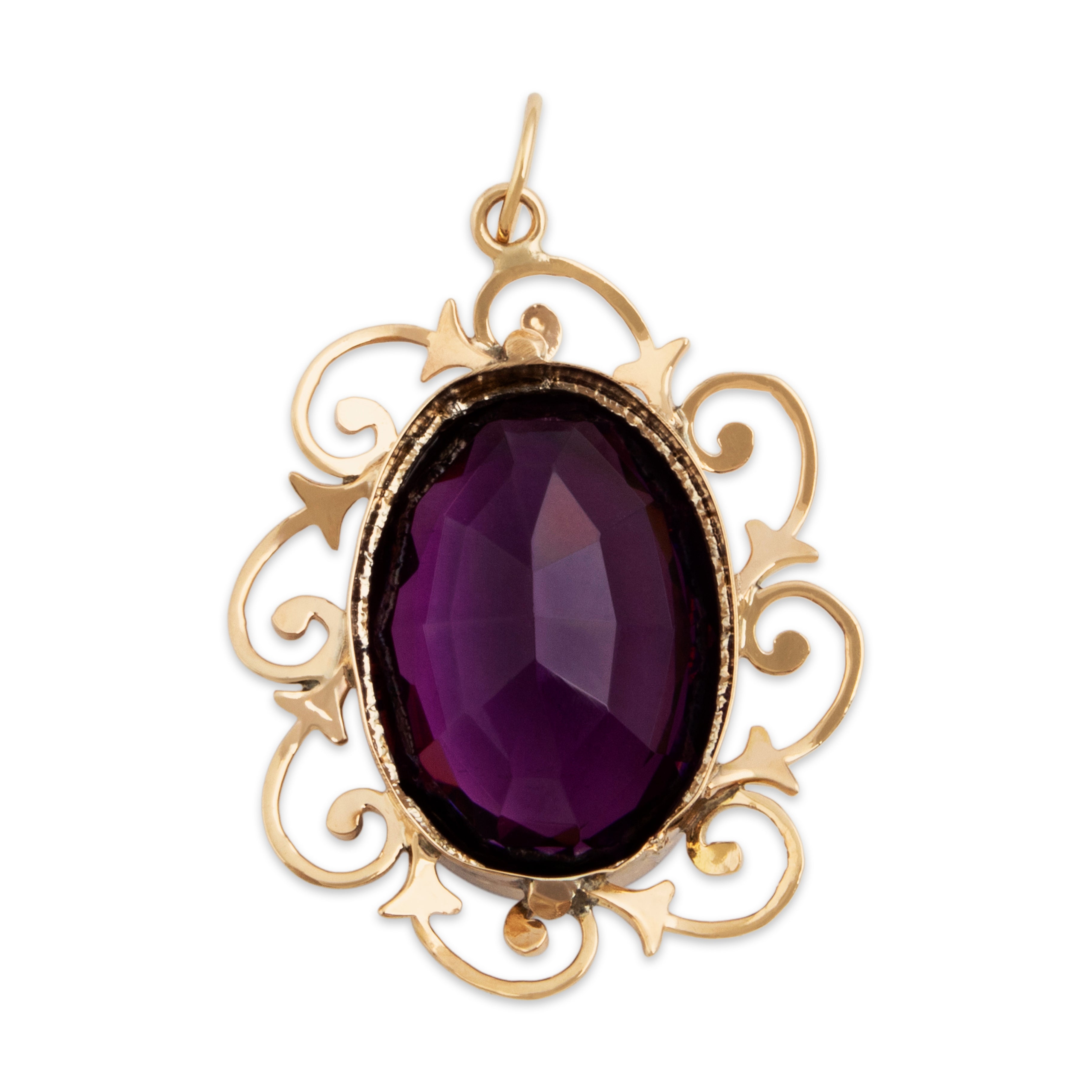 Antique Large 10k Yellow Gold Purple Glass Scrolling Flourish Border Pendant - Back view
