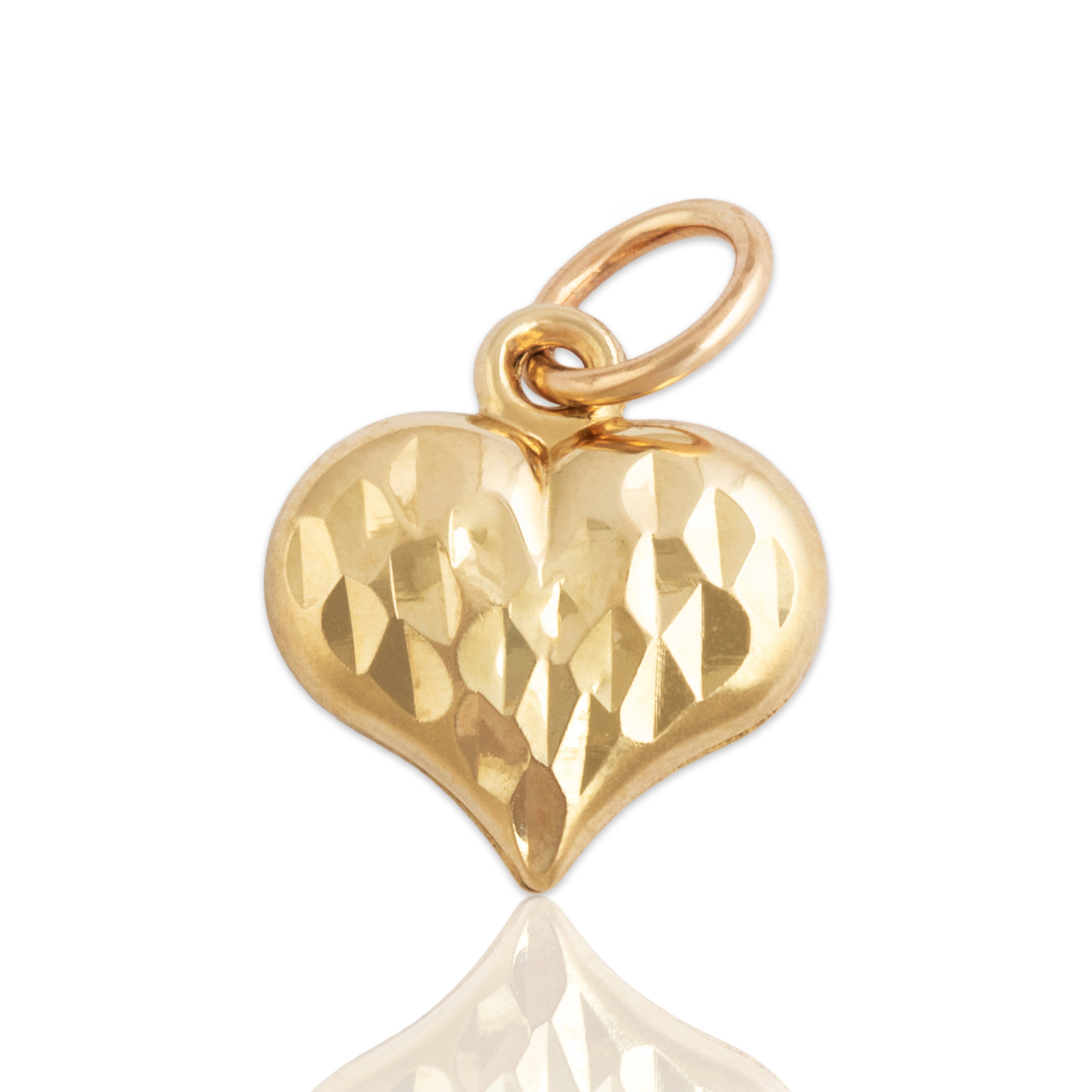 Vintage Lightweight 14k Yellow Gold Pretty Textured Puffy Heart Charm / Pendant - Close-up view