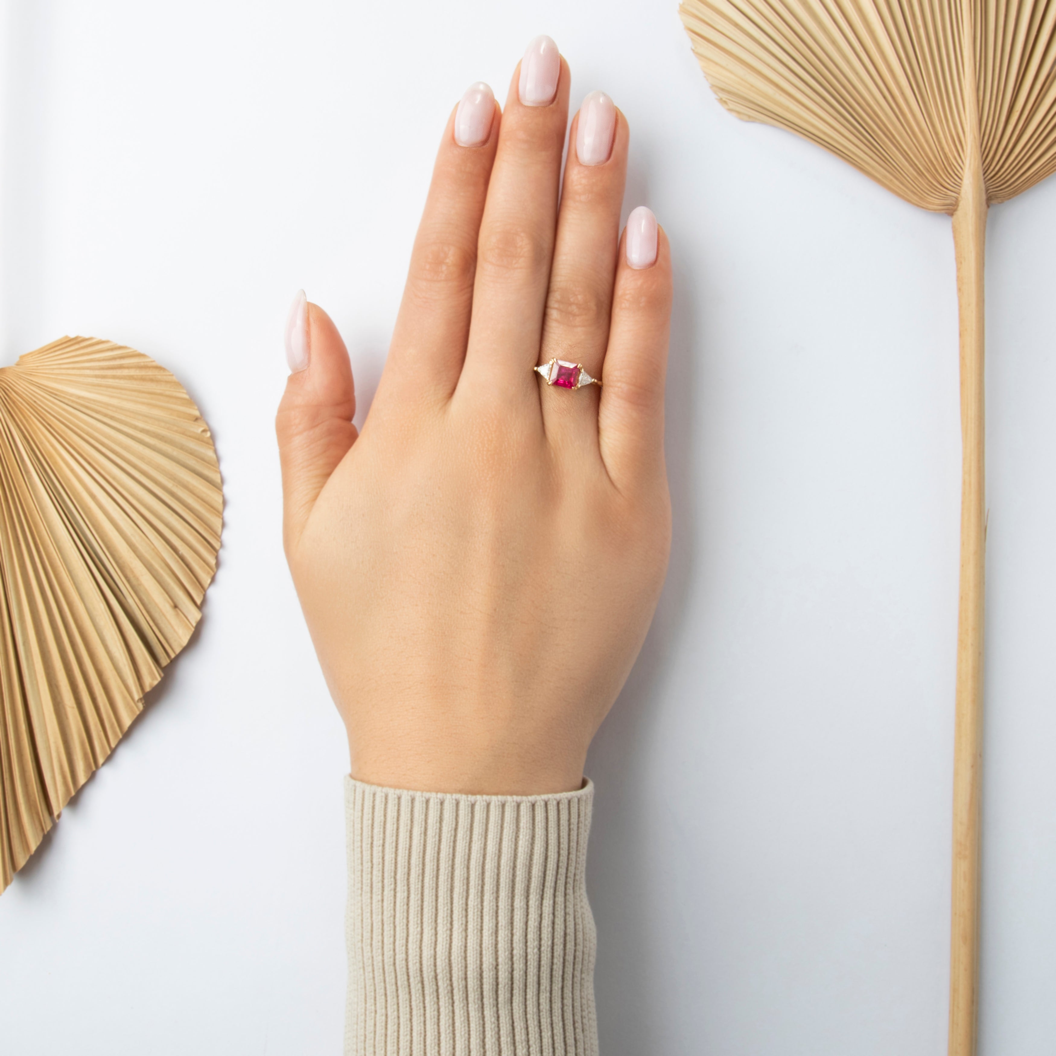 Vintage 14k Yellow Gold 1.3ct Ruby Diamond Bright Trio Ring - On model view