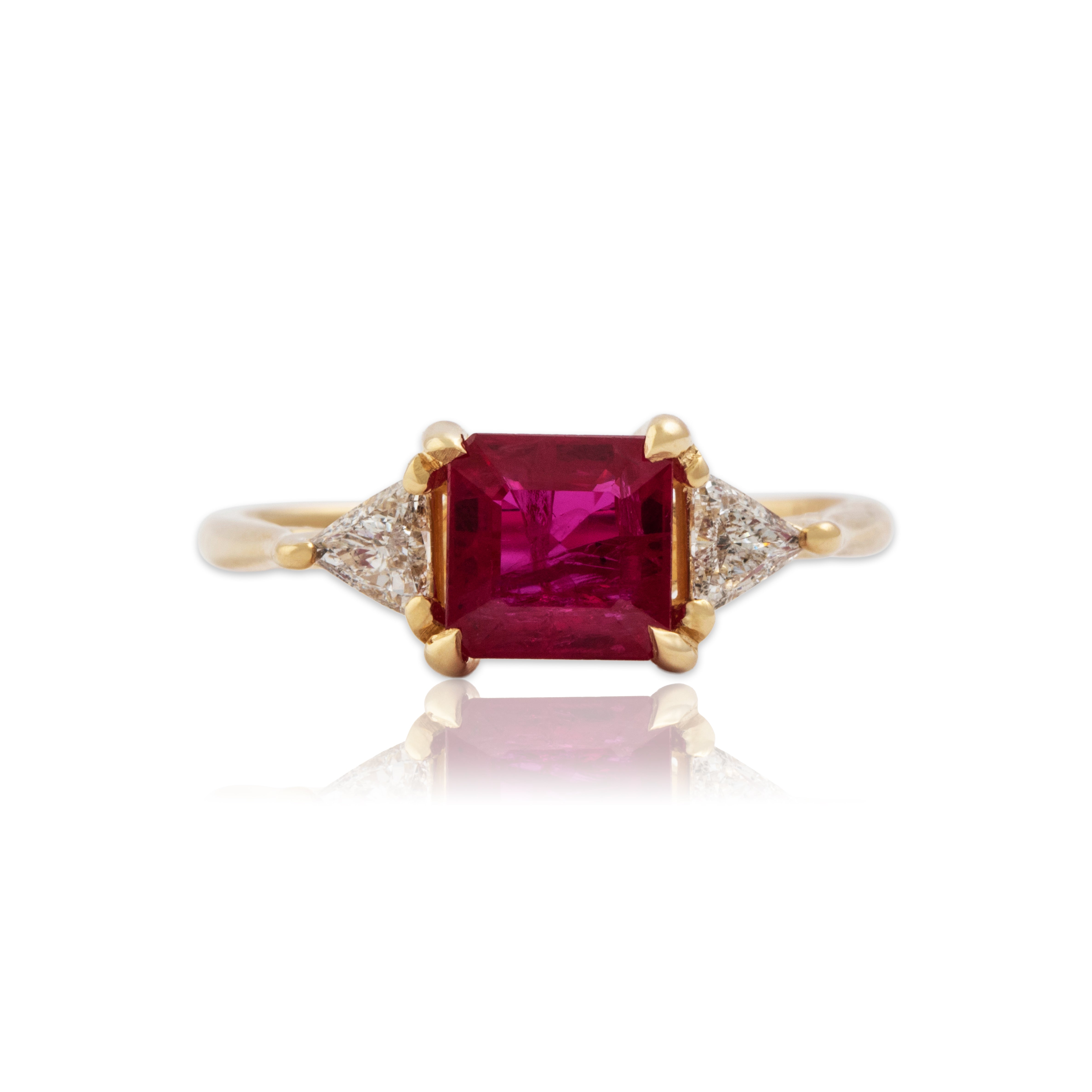 Vintage 14k Yellow Gold 1.3ct Ruby Diamond Bright Trio Ring - Close-up view